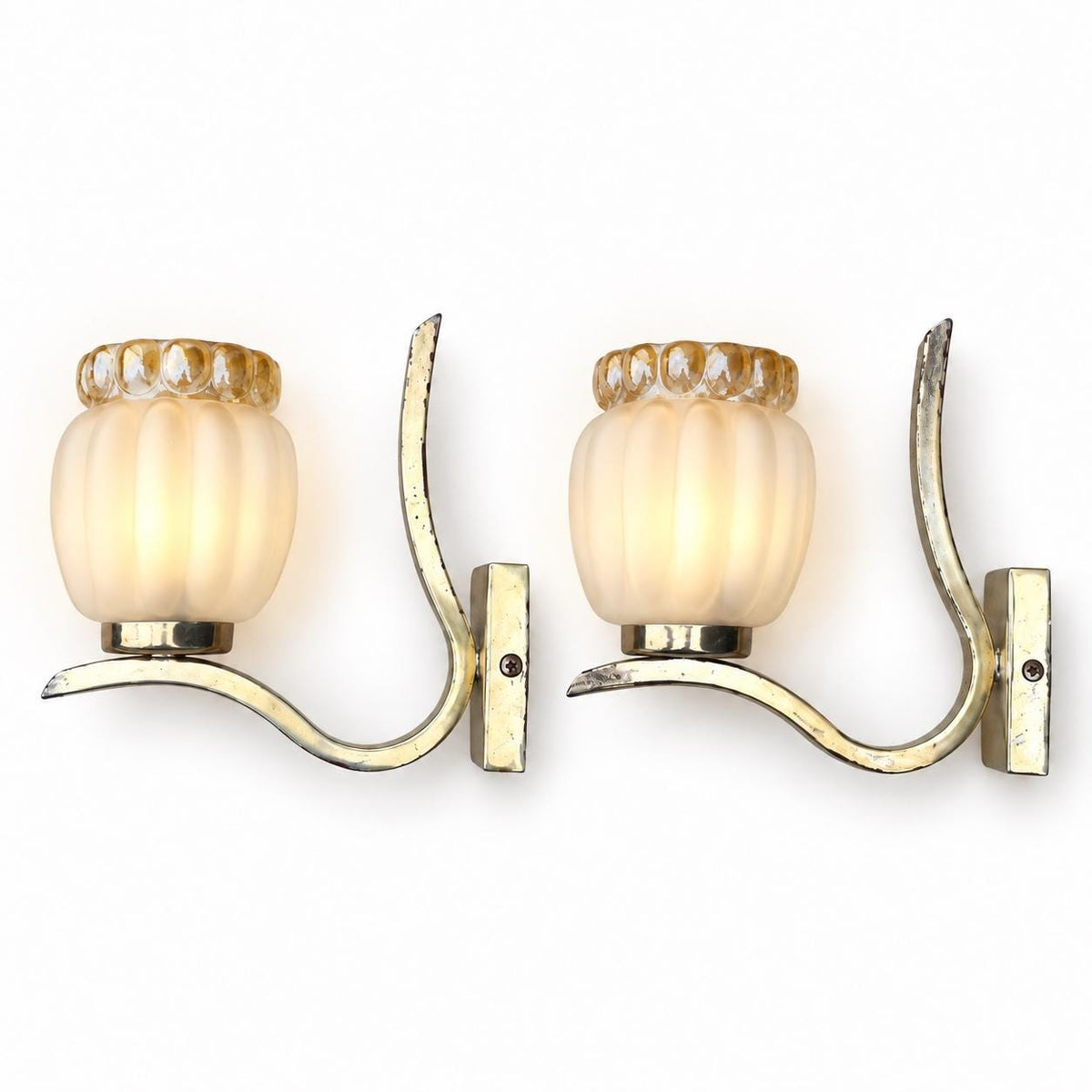 Pair of Gilt Metal Wall Lamps, Scrolled Arm, Frosted Ribbed Glass Shades