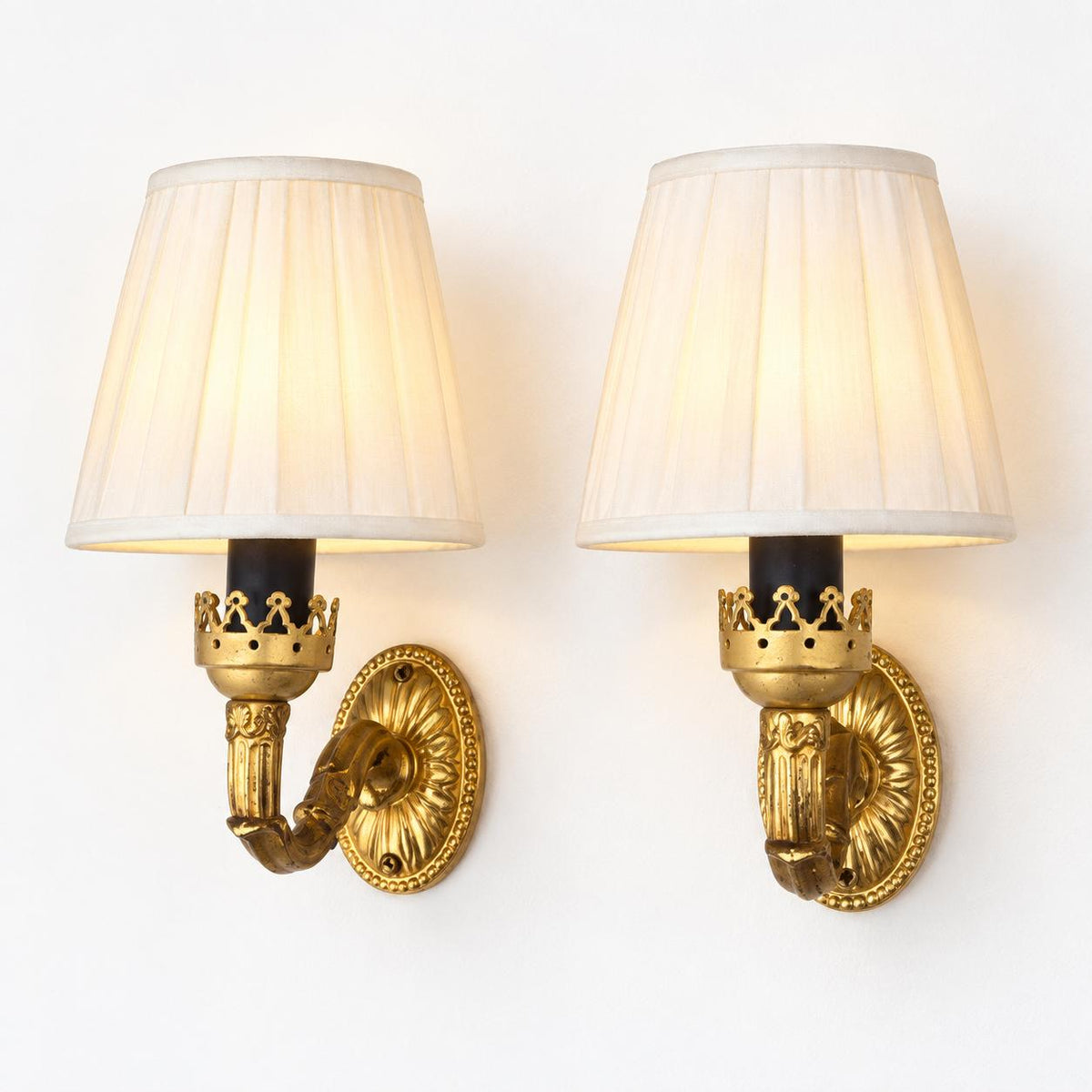 Pair of Gilt Brass Wall Sconces, Crown-Form Candle Cup, Pleated Fabric Shades
