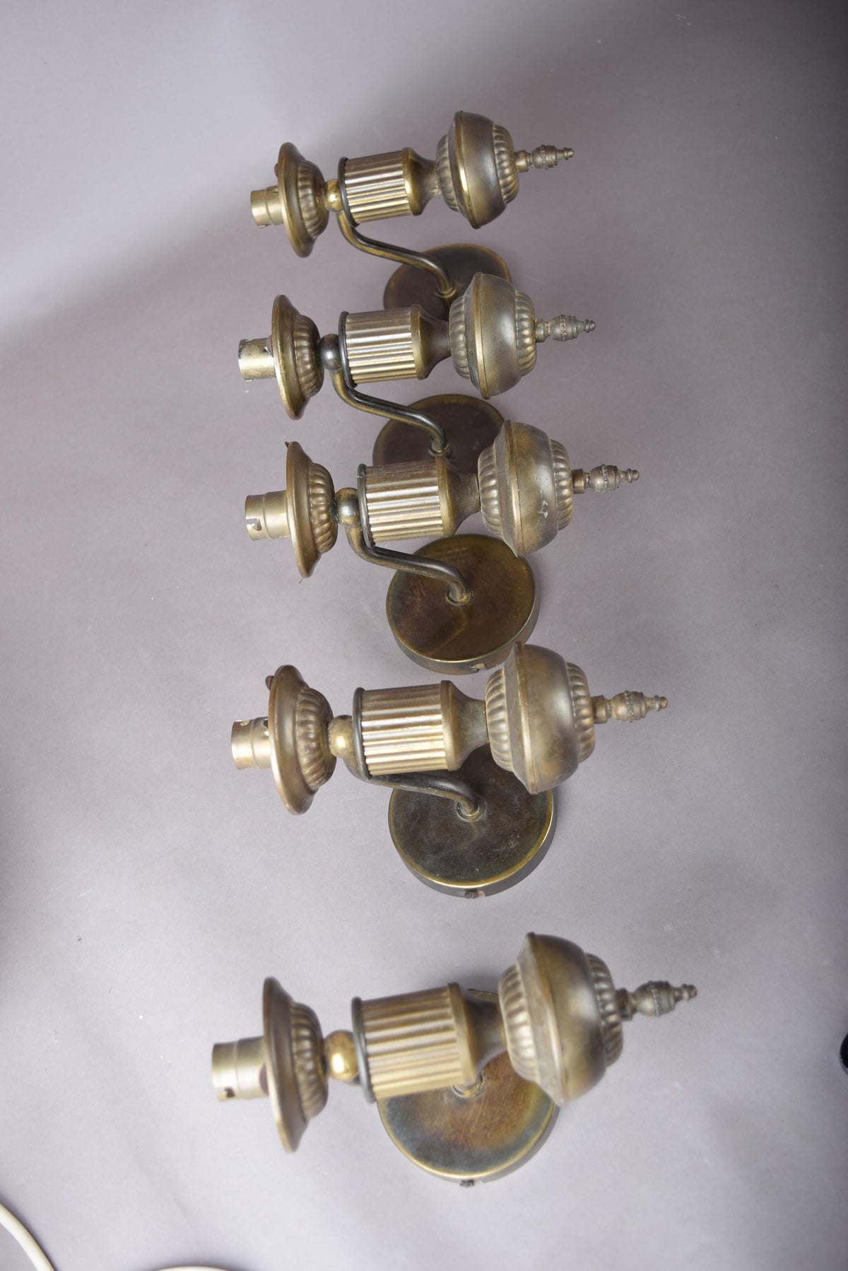 Set of Five Patinated Brass Wall Sconces, Urn-Form Arm, 1950s