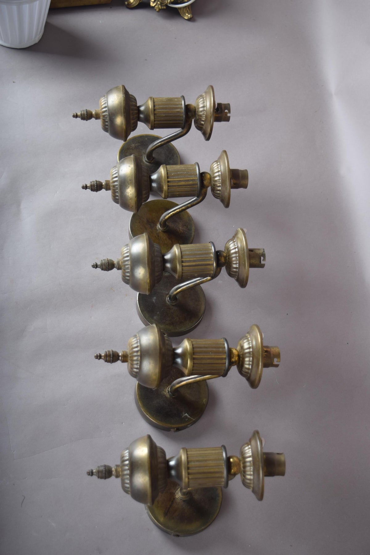 Set of Five Patinated Brass Wall Sconces, Urn-Form Arm, 1950s