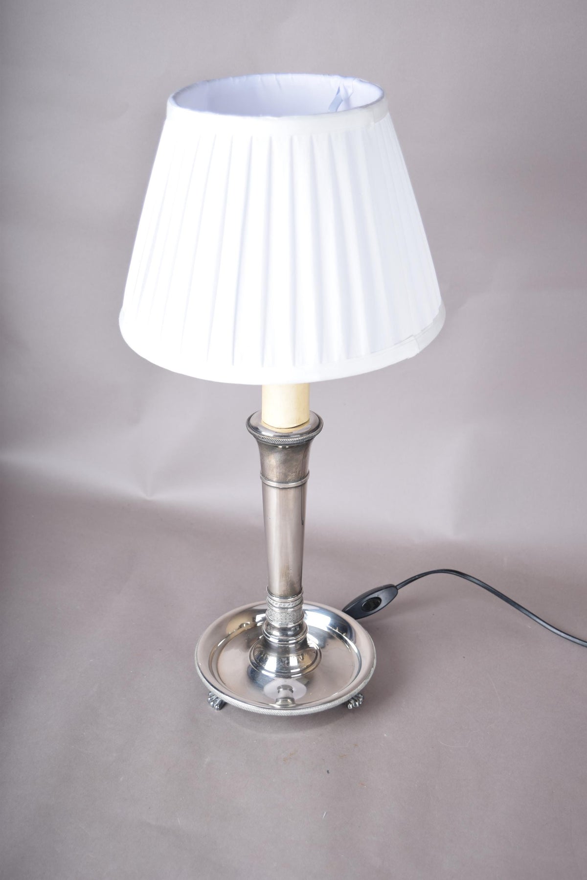 French Vintage Neoclassical Silver on Bronze Table Lamp with Pleated Shade