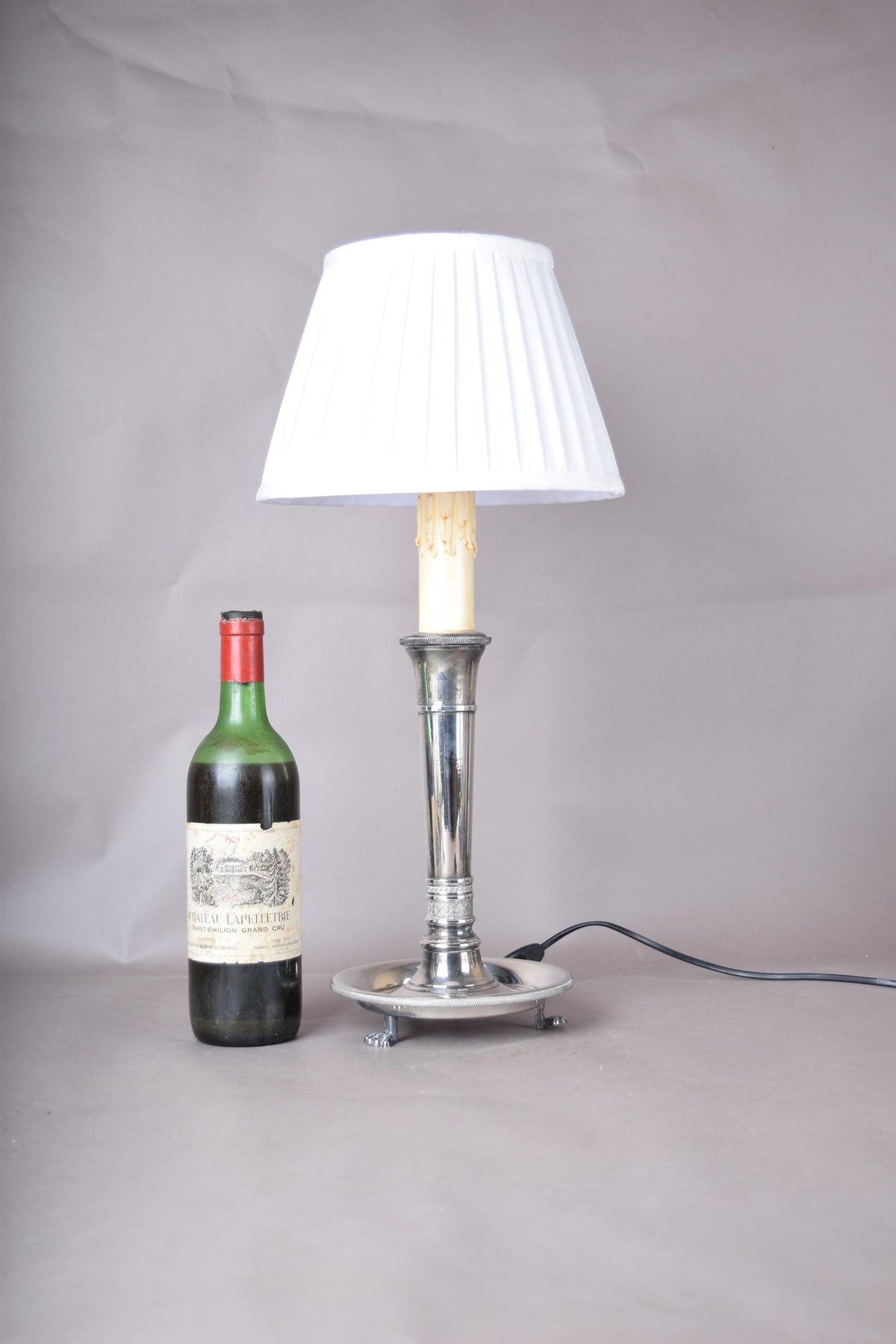 French Vintage Neoclassical Silver on Bronze Table Lamp with Pleated Shade