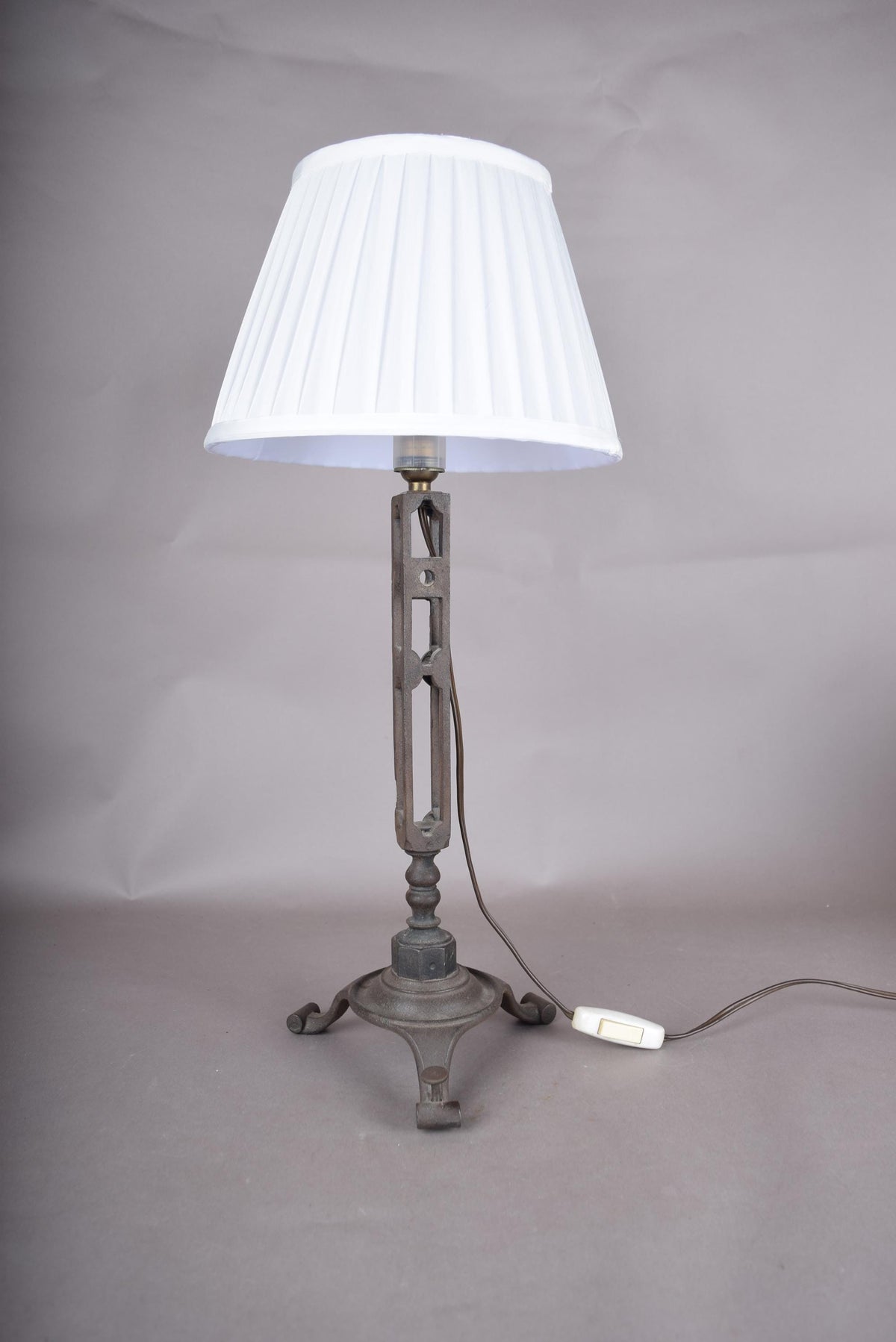 French Vintage Brutalist Art Deco Cast Metal Table Lamp with Pleated Shade