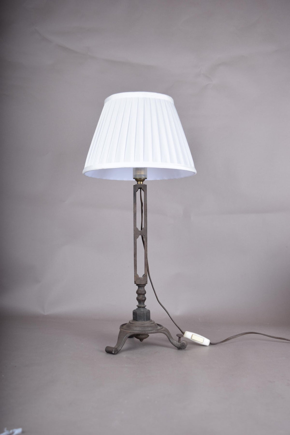 French Vintage Brutalist Art Deco Cast Metal Table Lamp with Pleated Shade