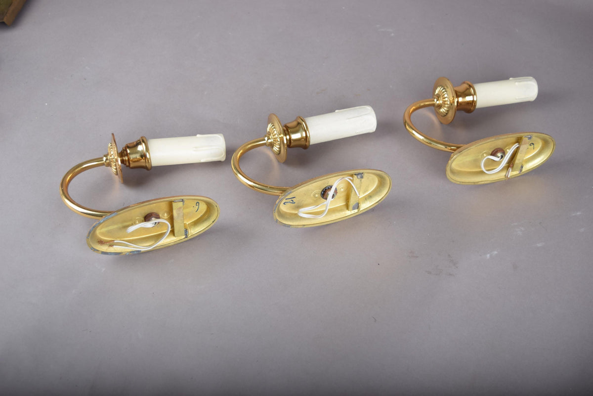 Louis XVI Style Wall Sconces Set of Three, Gilt Metal Single Arm Sconces with Oval Beaded Backplates