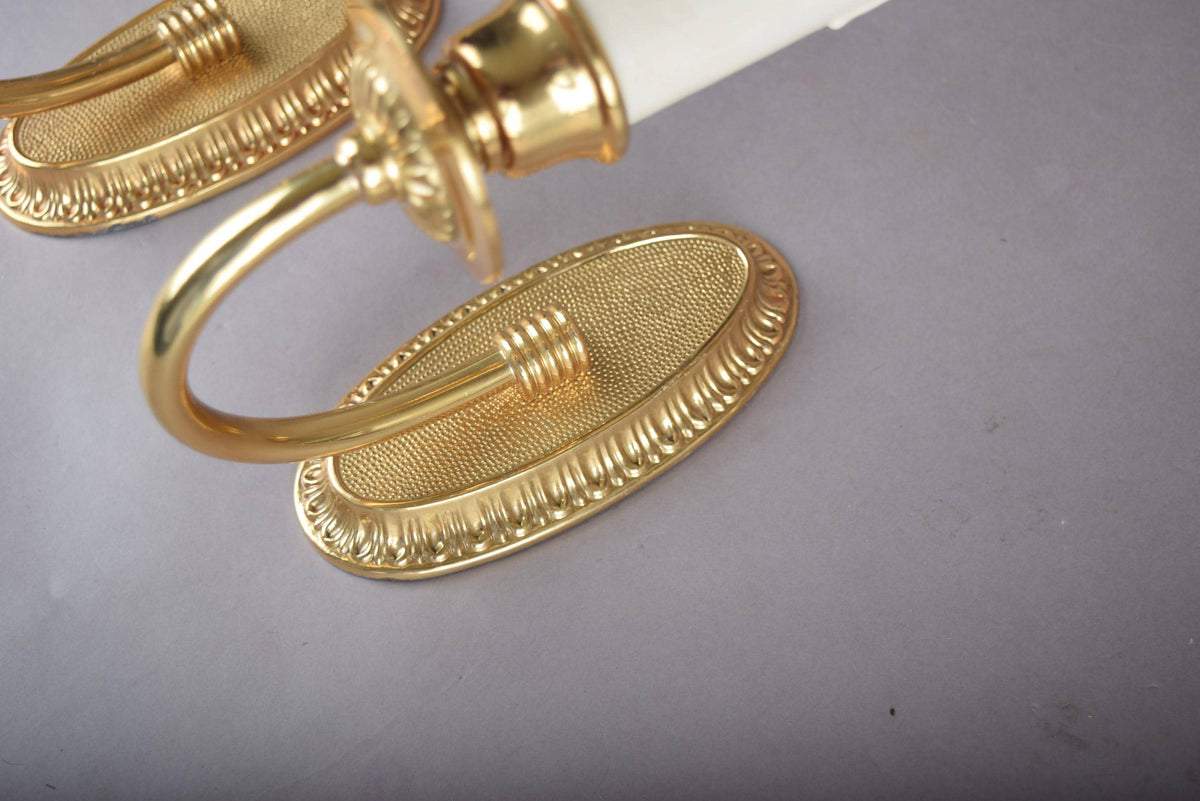 Louis XVI Style Wall Sconces Set of Three, Gilt Metal Single Arm Sconces with Oval Beaded Backplates