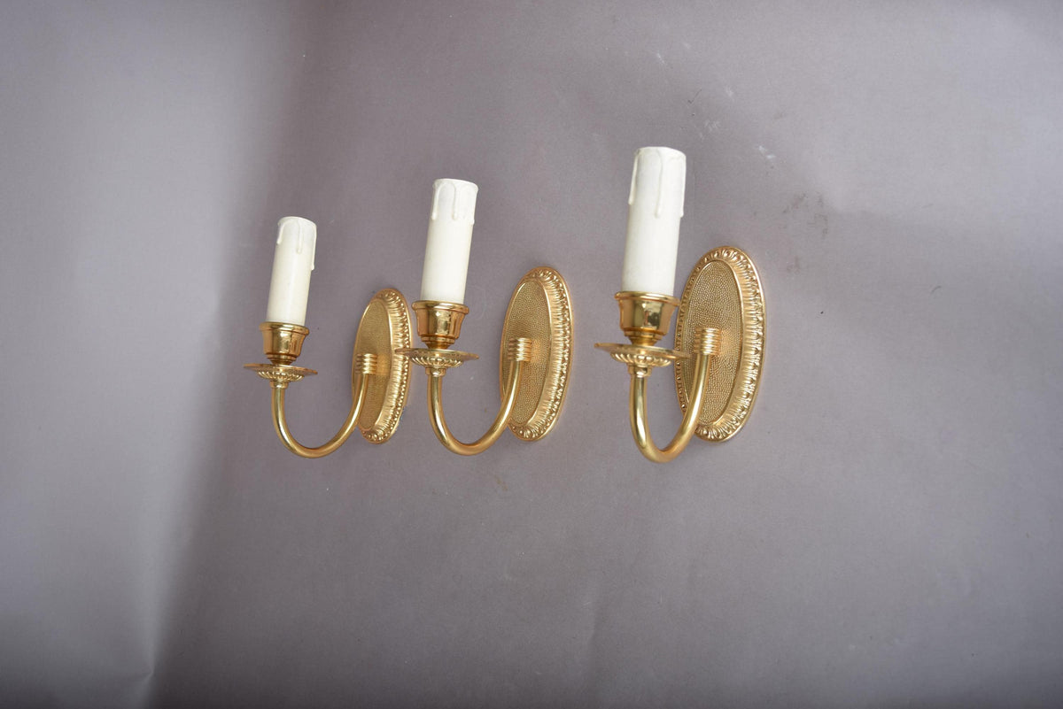Louis XVI Style Wall Sconces Set of Three, Gilt Metal Single Arm Sconces with Oval Beaded Backplates