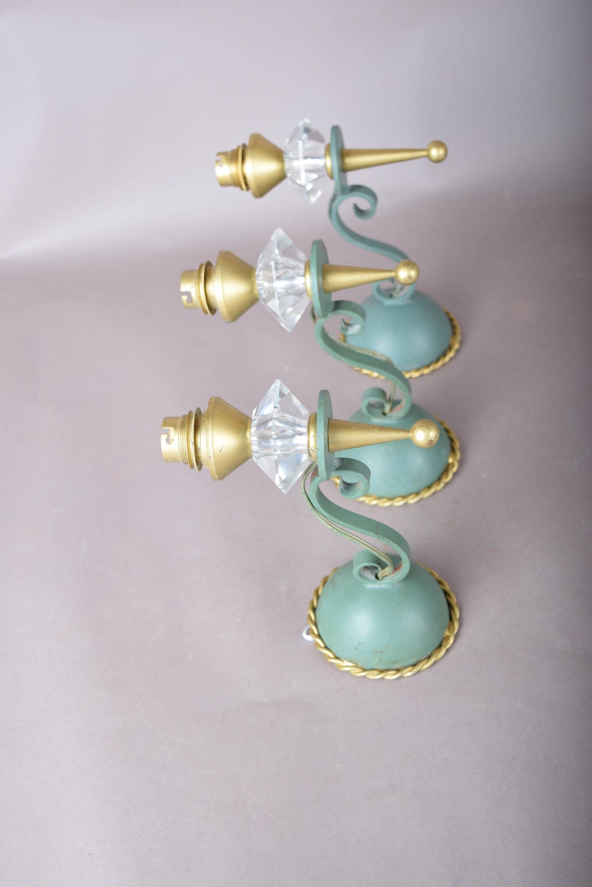 Set of Three Painted Metal Wall Sconces, Faceted Glass Drops, Scrolled Arm