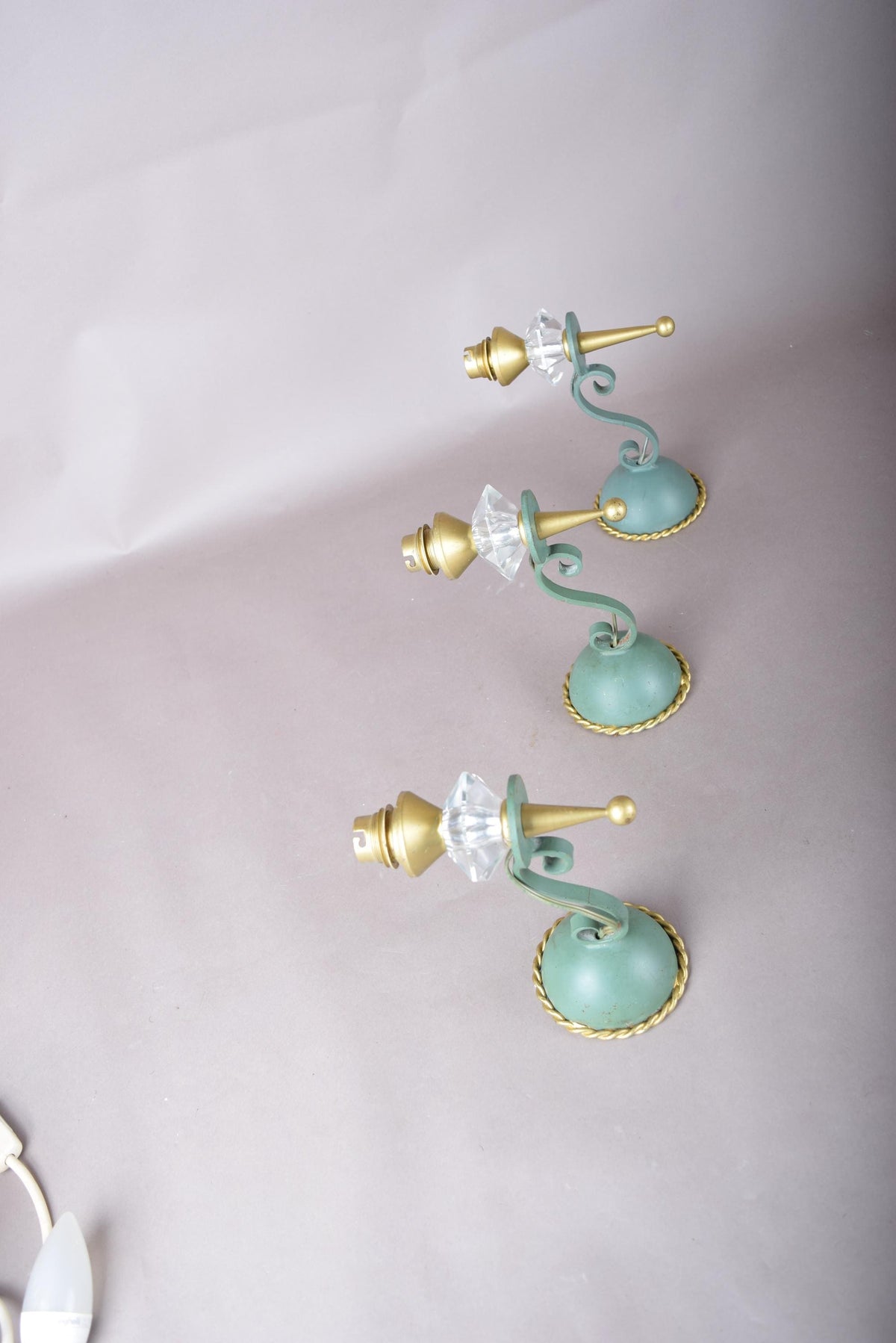 Set of Three Painted Metal Wall Sconces, Faceted Glass Drops, Scrolled Arm