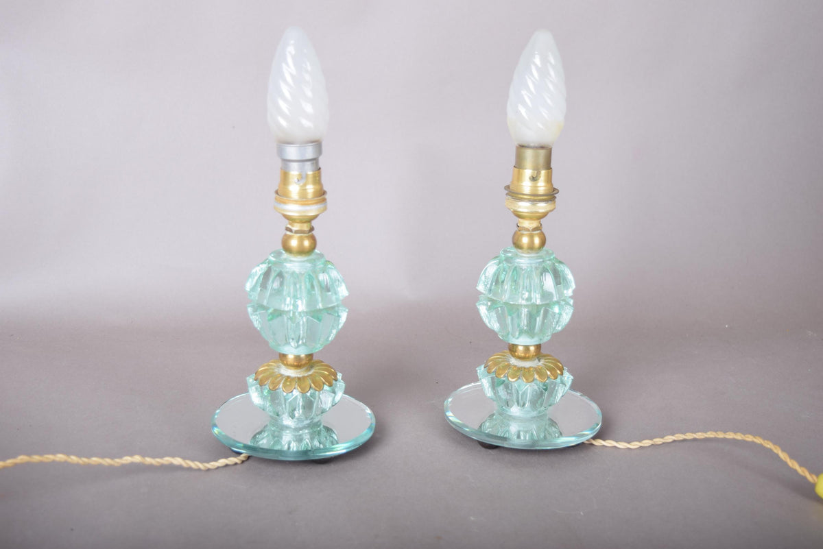 Glass Table Lamps Pair, Aqua Pressed Glass and Brass Bedside Lamps on Mirror Bases — French, 1940s