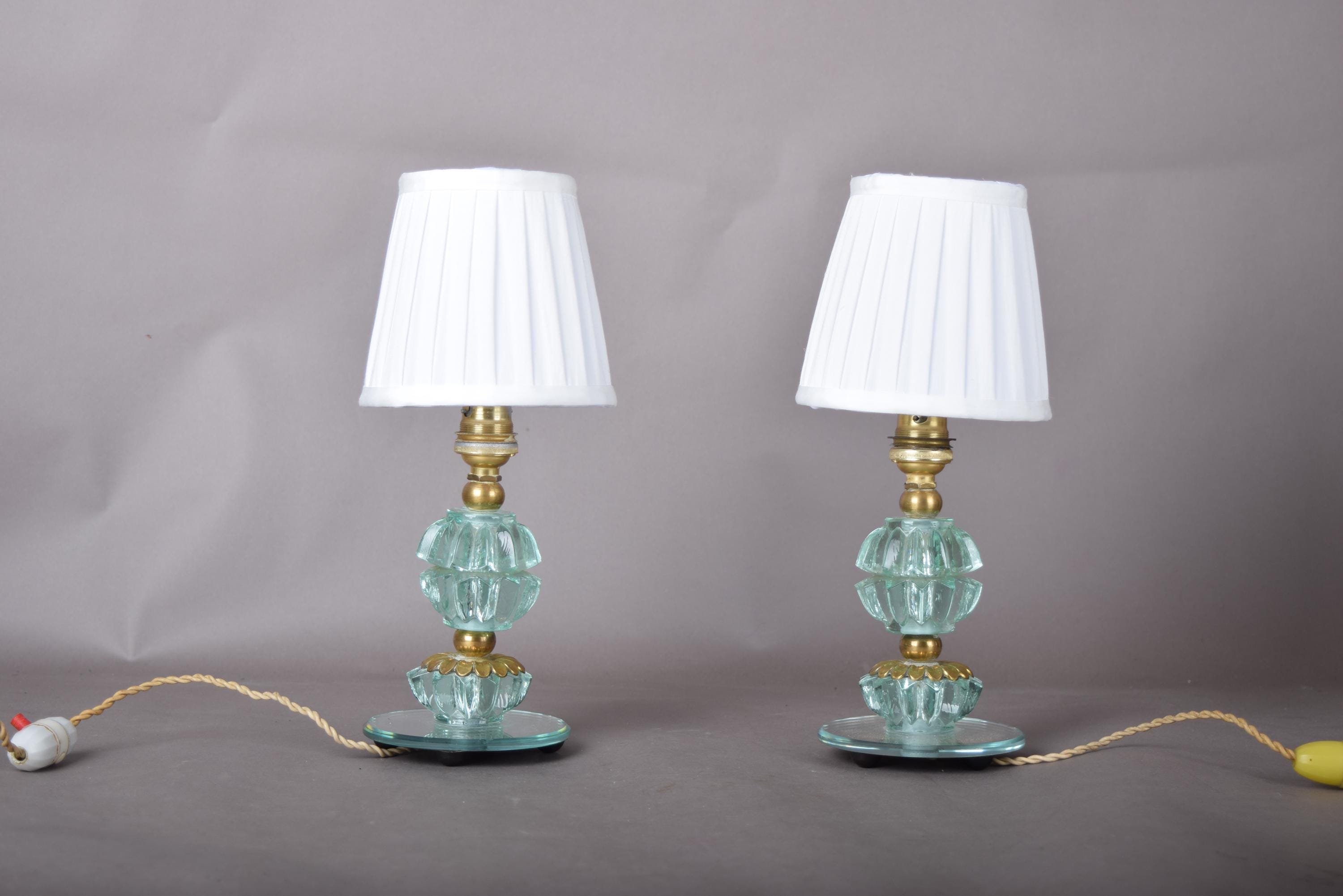 Glass Table Lamps Pair, Aqua Pressed Glass and Brass Bedside Lamps on Mirror Bases — French, 1940s