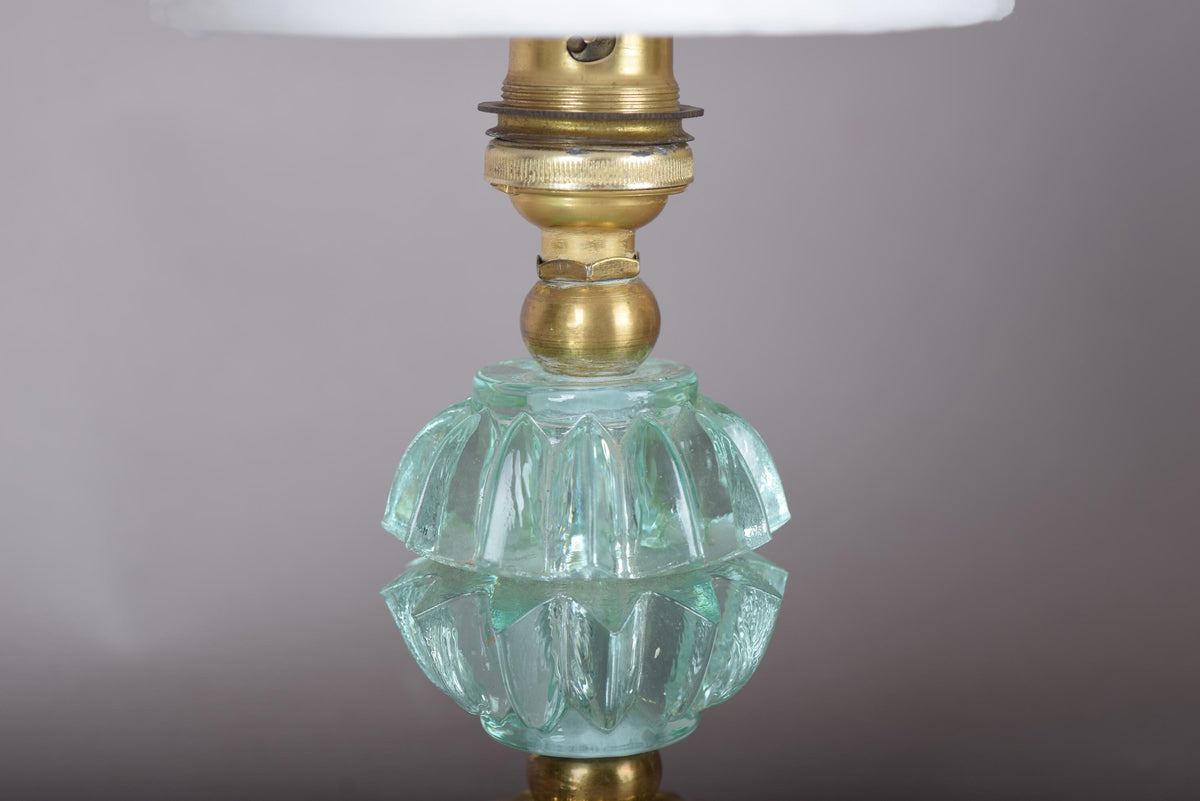 Glass Table Lamps Pair, Aqua Pressed Glass and Brass Bedside Lamps on Mirror Bases — French, 1940s