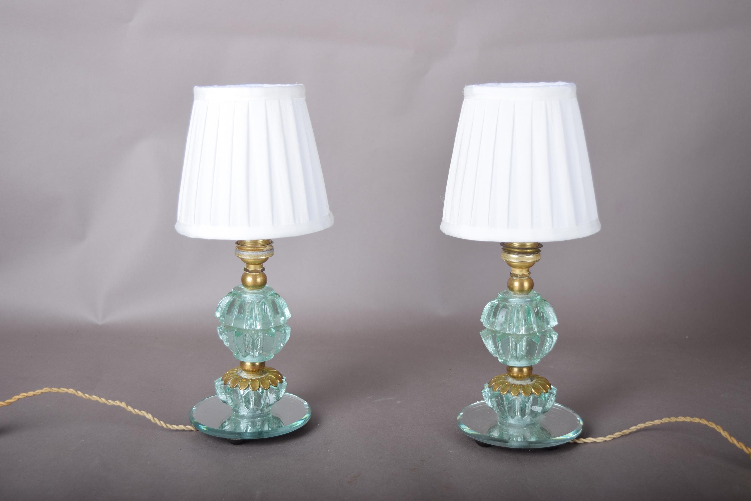 Glass Table Lamps Pair, Aqua Pressed Glass and Brass Bedside Lamps on Mirror Bases — French, 1940s