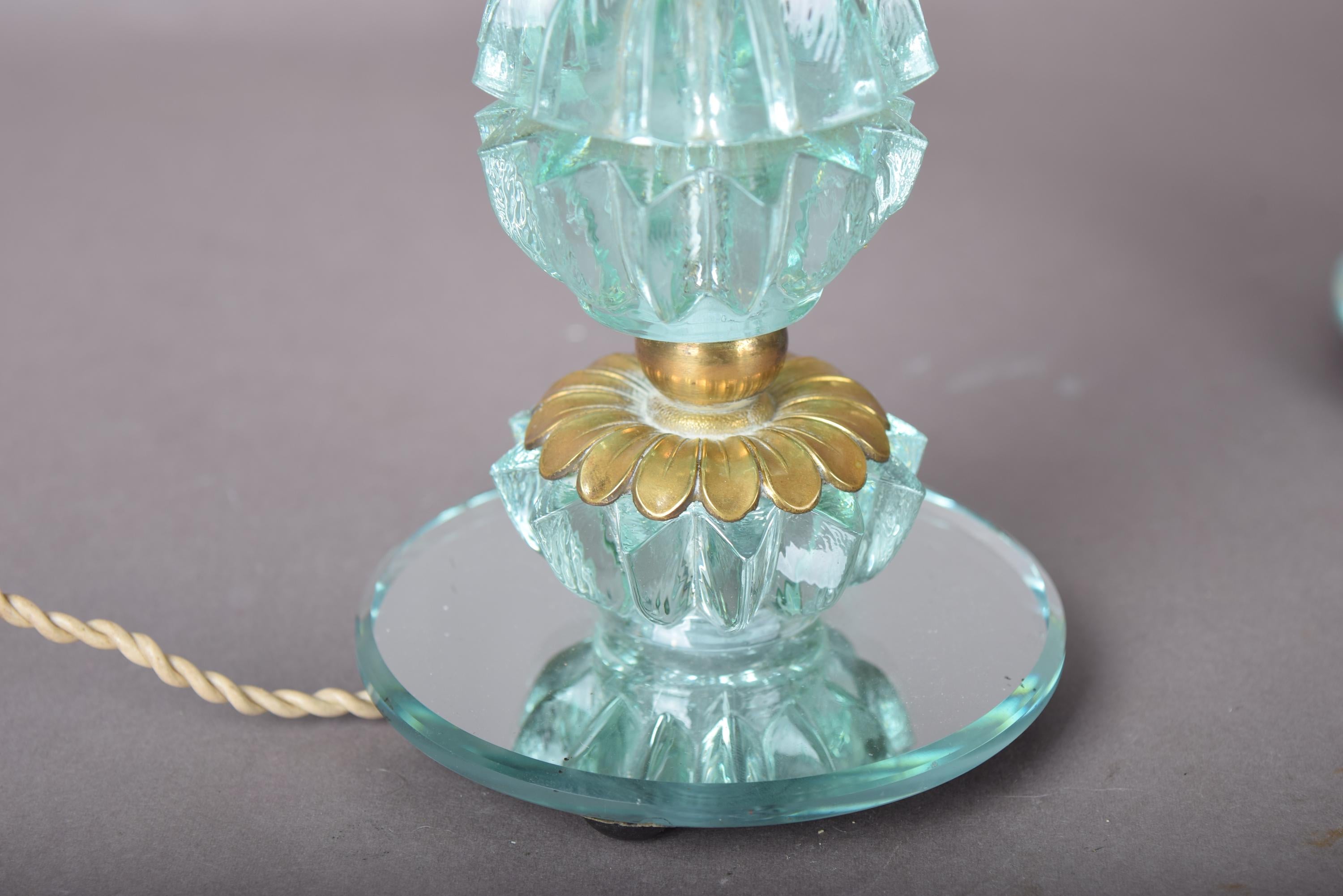 Glass Table Lamps Pair, Aqua Pressed Glass and Brass Bedside Lamps on Mirror Bases — French, 1940s