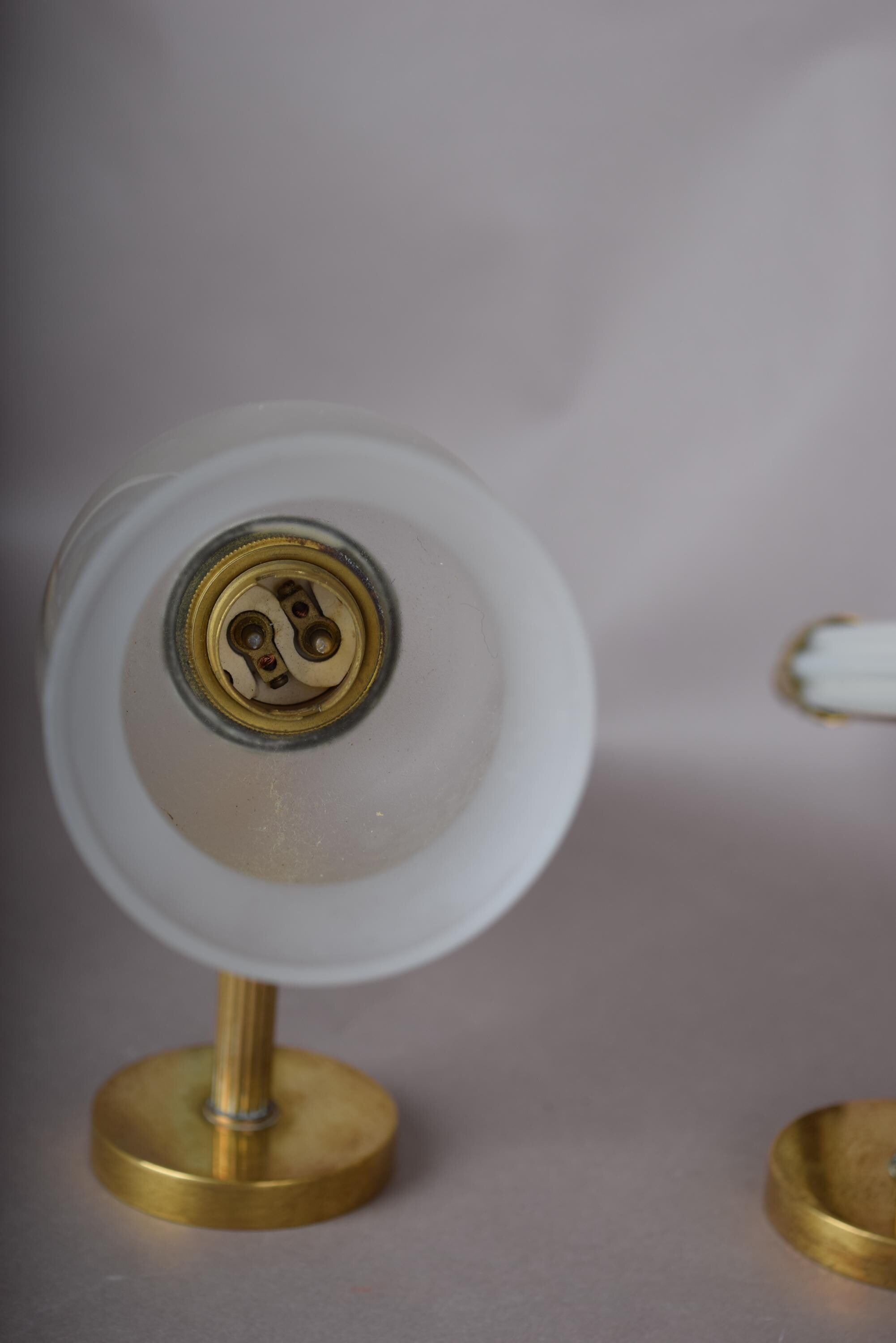 Opaline Glass Torch Sconces Pair, Blue Opaline and Brass Wall Torches with Glass Shades — French, 1950s