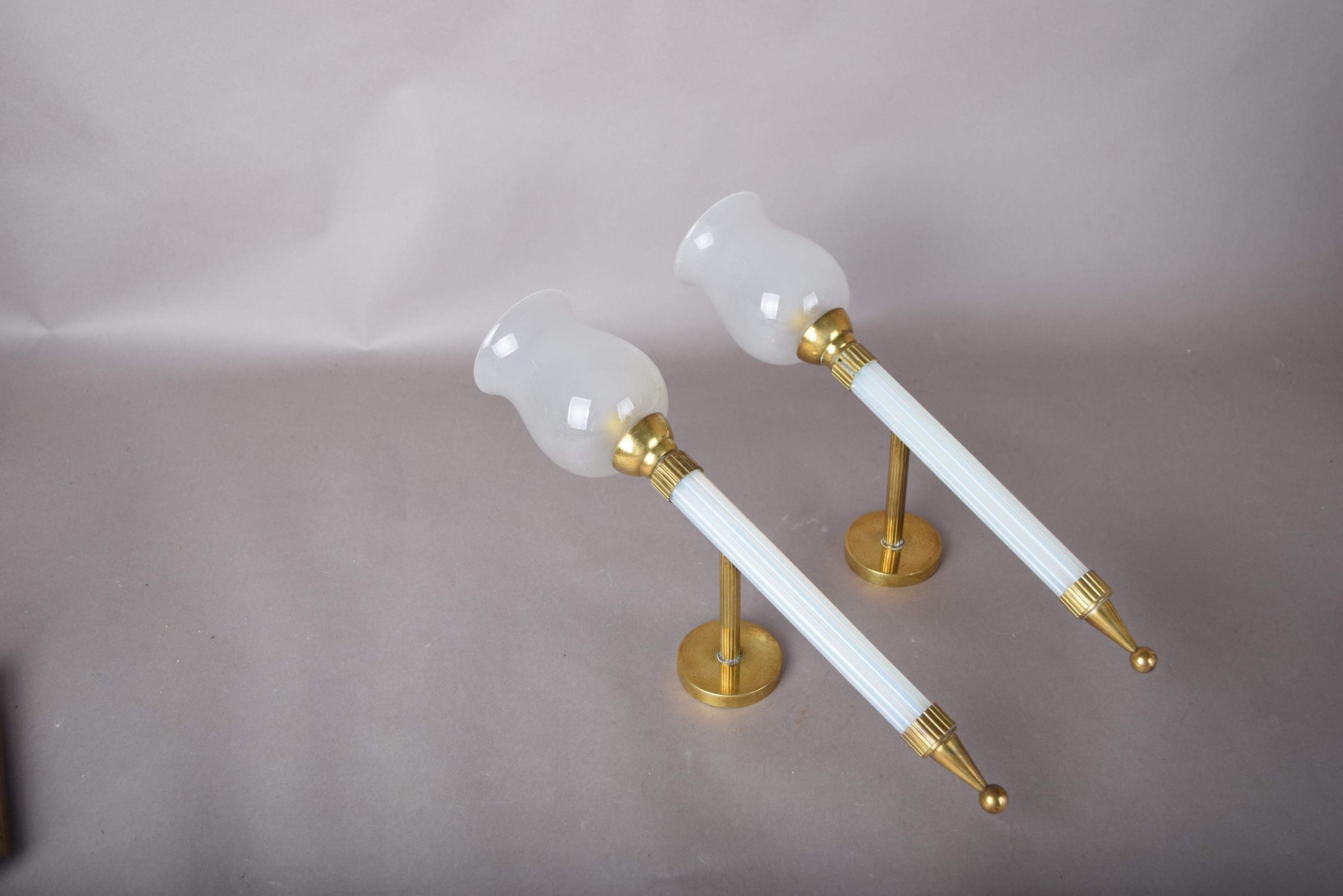Opaline Glass Torch Sconces Pair, Blue Opaline and Brass Wall Torches with Glass Shades — French, 1950s