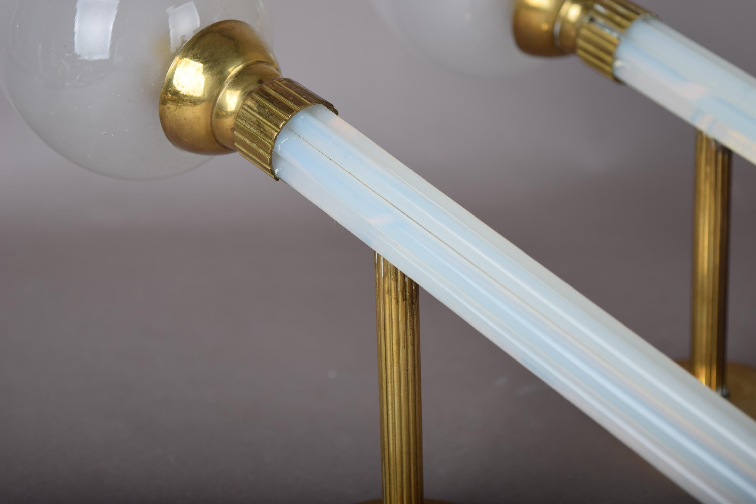 Opaline Glass Torch Sconces Pair, Blue Opaline and Brass Wall Torches with Glass Shades — French, 1950s