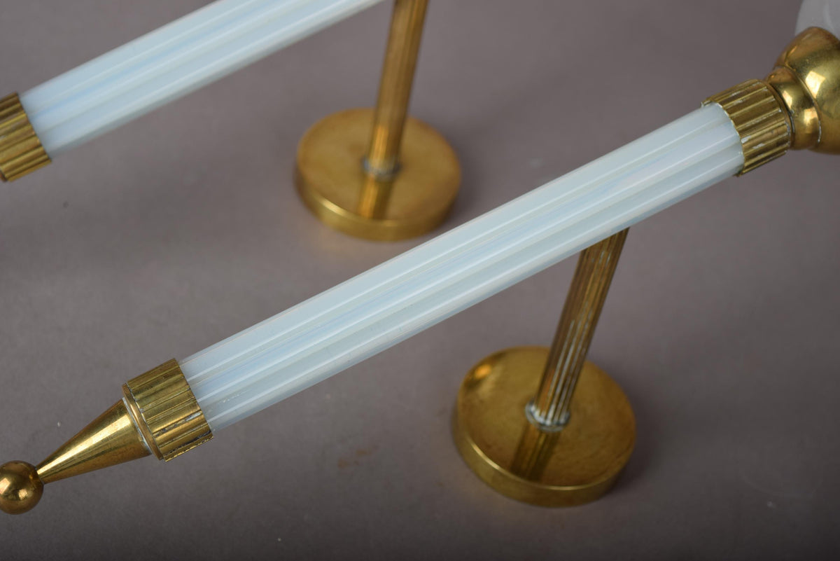Opaline Glass Torch Sconces Pair, Blue Opaline and Brass Wall Torches with Glass Shades — French, 1950s