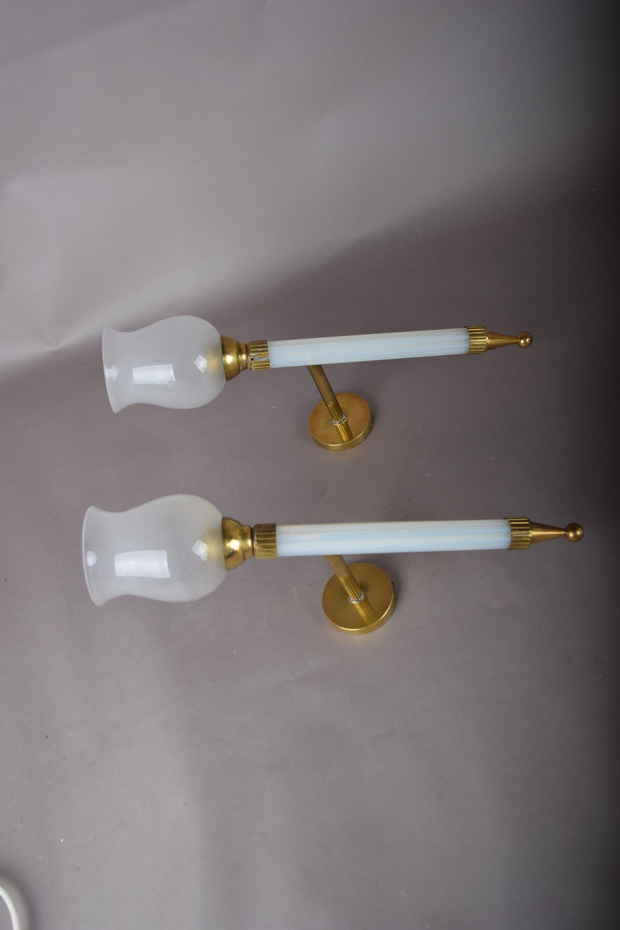 Opaline Glass Torch Sconces Pair, Blue Opaline and Brass Wall Torches with Glass Shades — French, 1950s