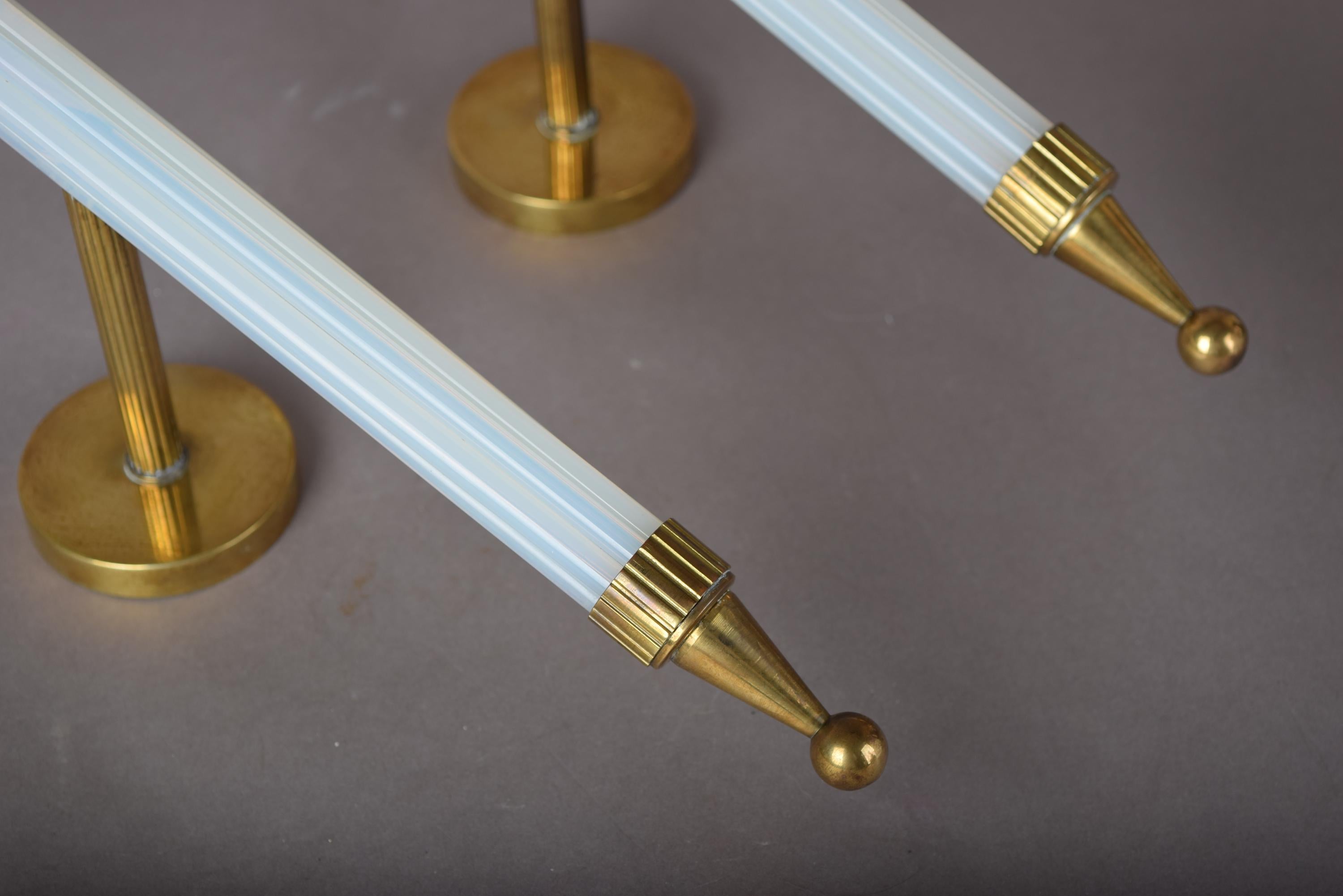Opaline Glass Torch Sconces Pair, Blue Opaline and Brass Wall Torches with Glass Shades — French, 1950s