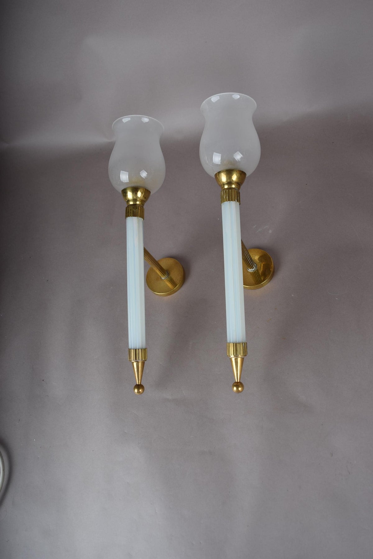 Opaline Glass Torch Sconces Pair, Blue Opaline and Brass Wall Torches with Glass Shades — French, 1950s