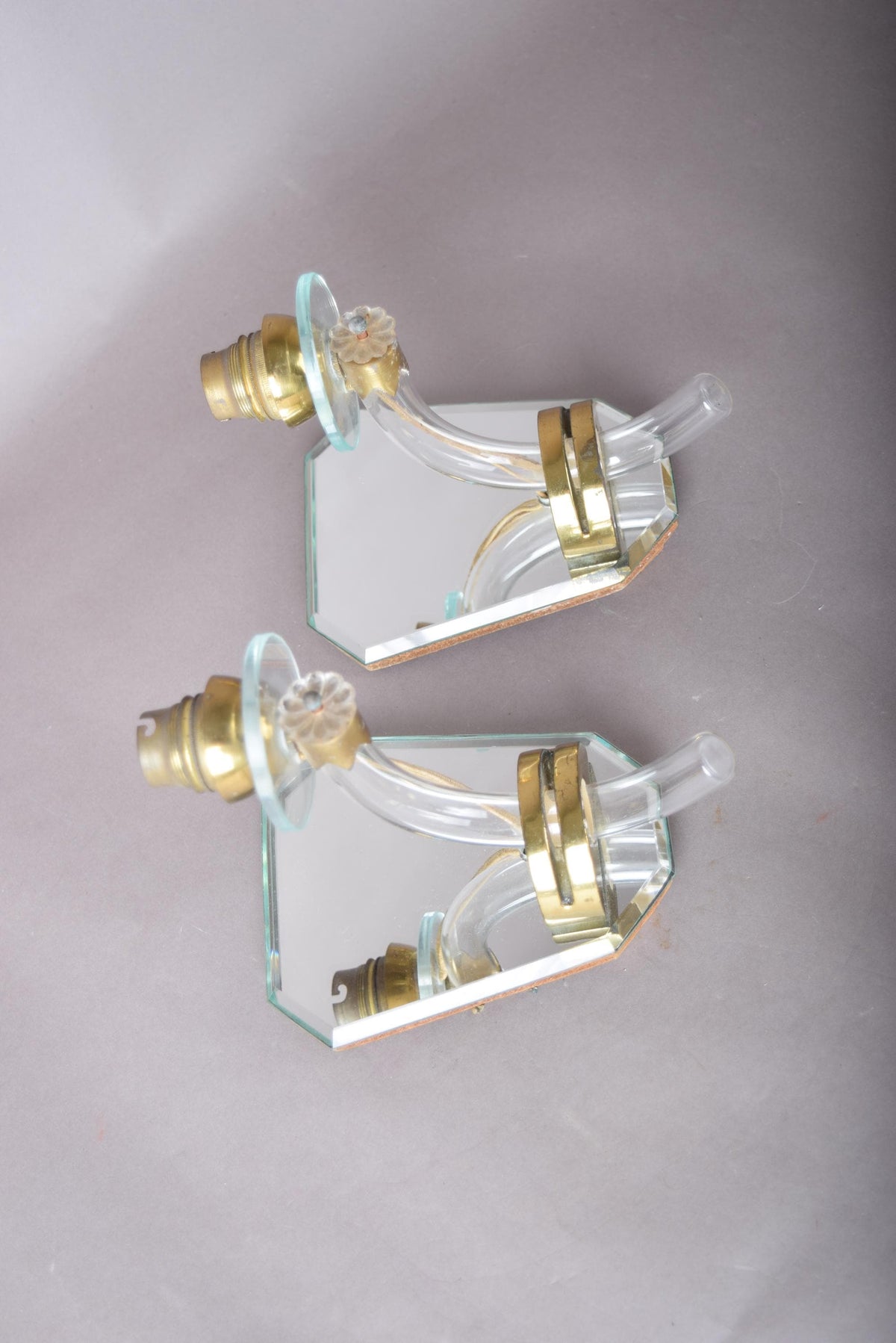 Mirror Wall Sconces Pair, Art Deco Style Mirrored Sconces with Glass Arms — French, 1940s