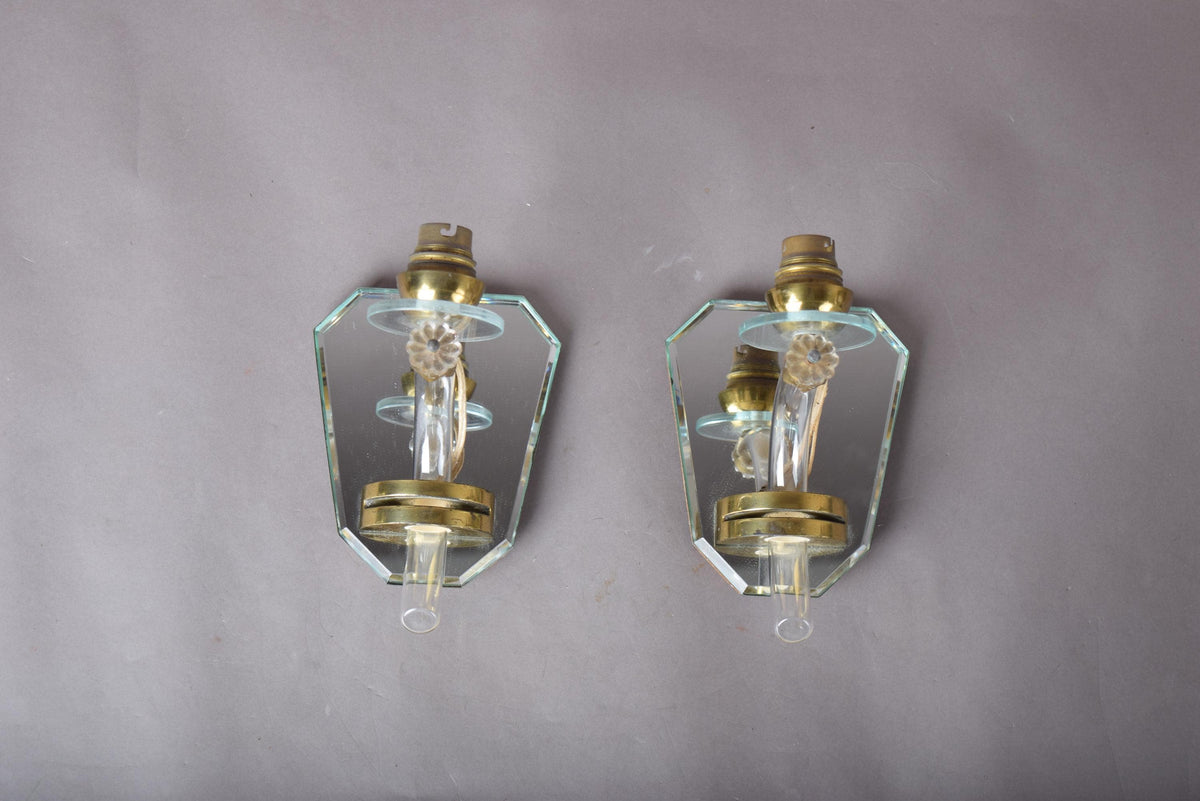 Mirror Wall Sconces Pair, Art Deco Style Mirrored Sconces with Glass Arms — French, 1940s
