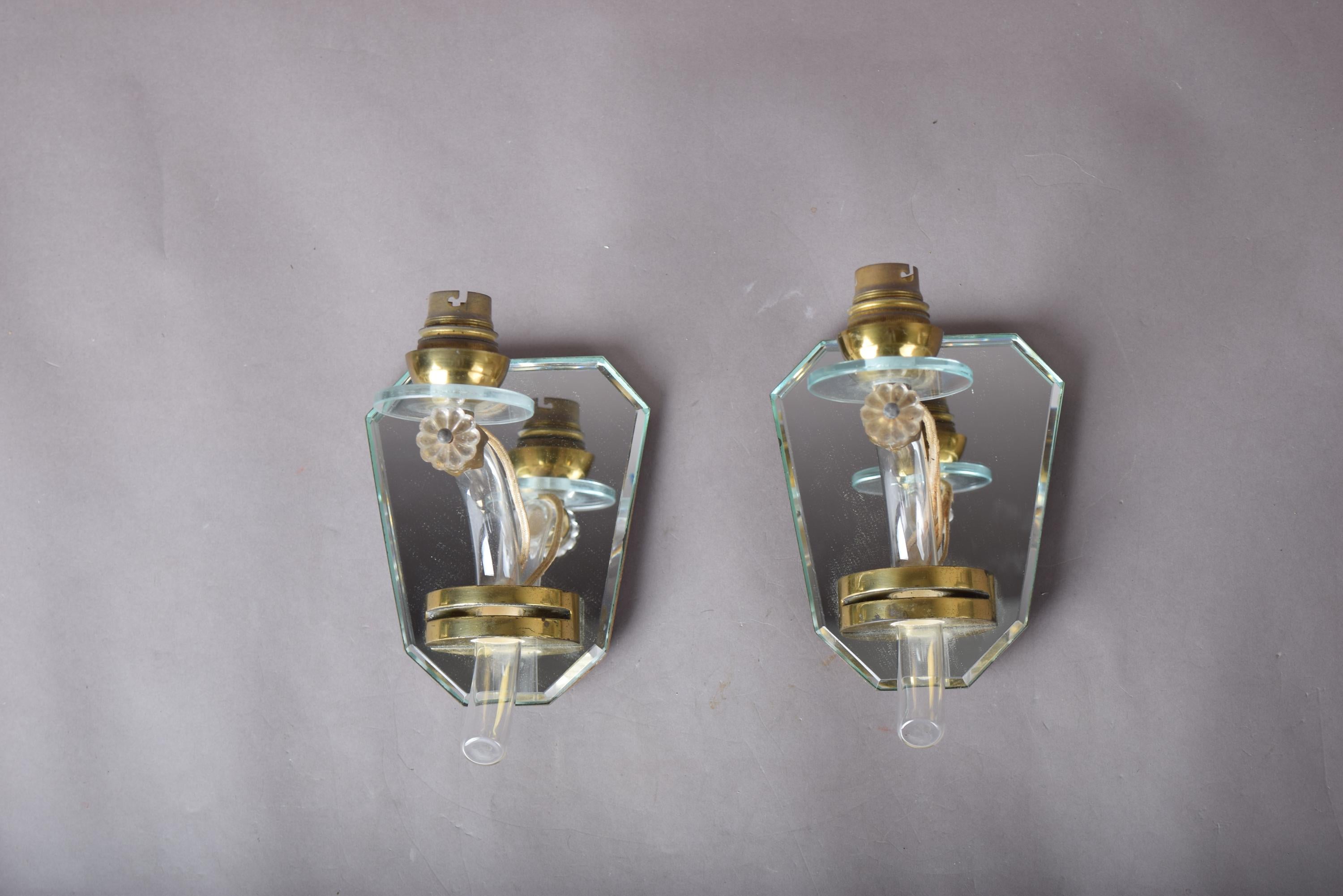 Mirror Wall Sconces Pair, Art Deco Style Mirrored Sconces with Glass Arms — French, 1940s