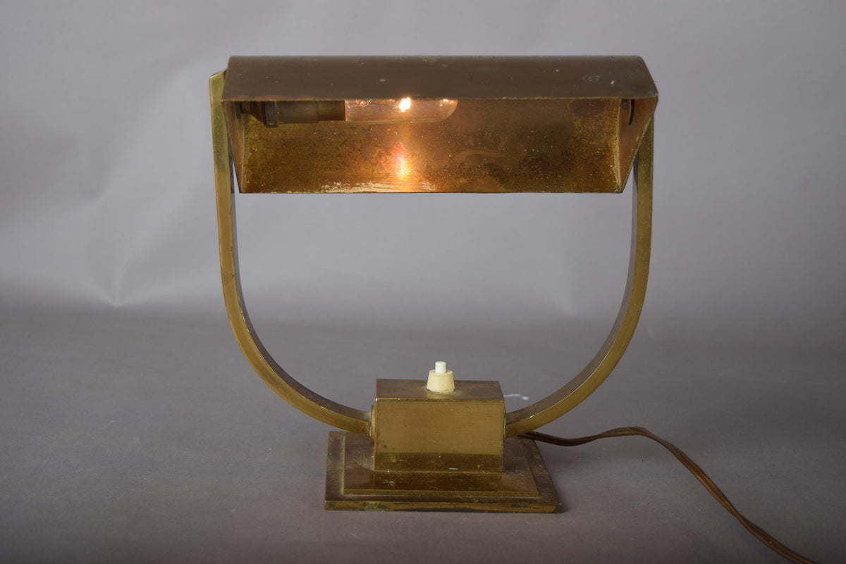 Art Deco Style Desk Lamp, Heavy Brass Bankers Lamp with U Form Arm, Adjustable Shade — 1930s Attribution