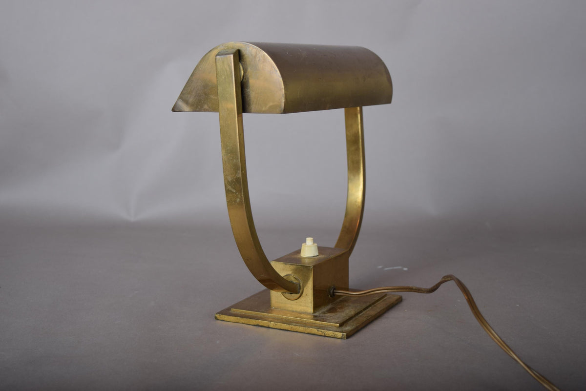 Art Deco Style Desk Lamp, Heavy Brass Bankers Lamp with U Form Arm, Adjustable Shade — 1930s Attribution