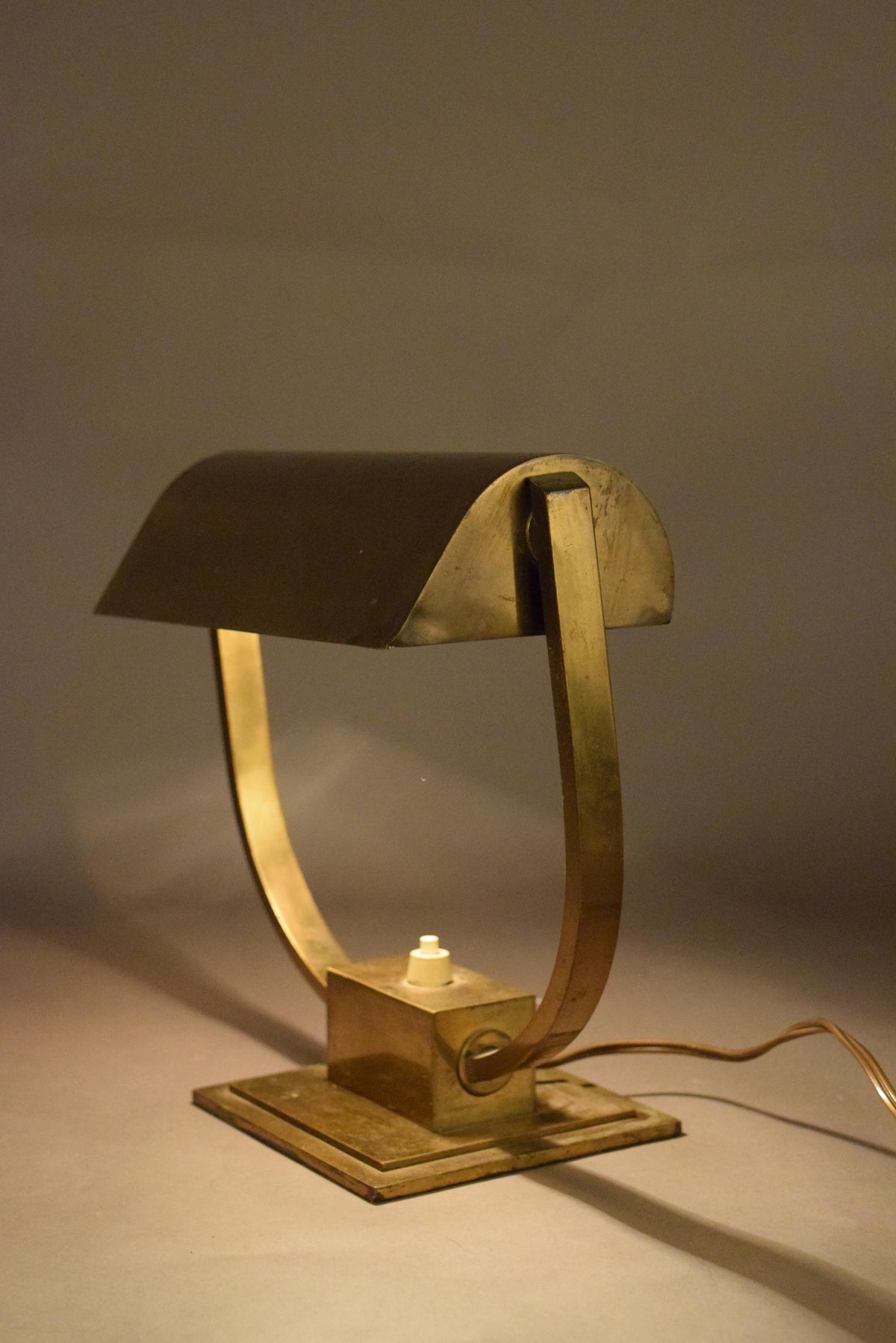 Art Deco Style Desk Lamp, Heavy Brass Bankers Lamp with U Form Arm, Adjustable Shade — 1930s Attribution