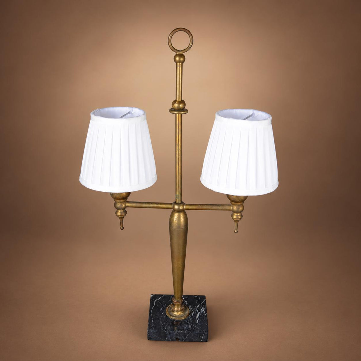 Gilt Brass Twin-Arm Table Lamp, Marble Base, Ring Finial, 1930s