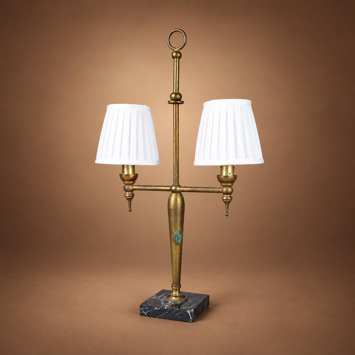 Gilt Brass Twin-Arm Table Lamp, Marble Base, Ring Finial, 1930s