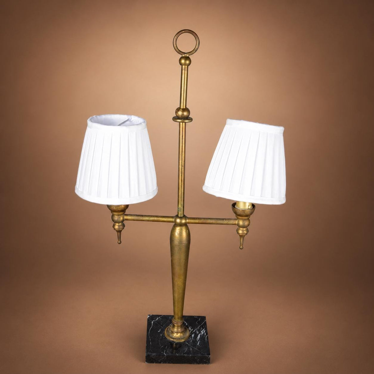 Gilt Brass Twin-Arm Table Lamp, Marble Base, Ring Finial, 1930s