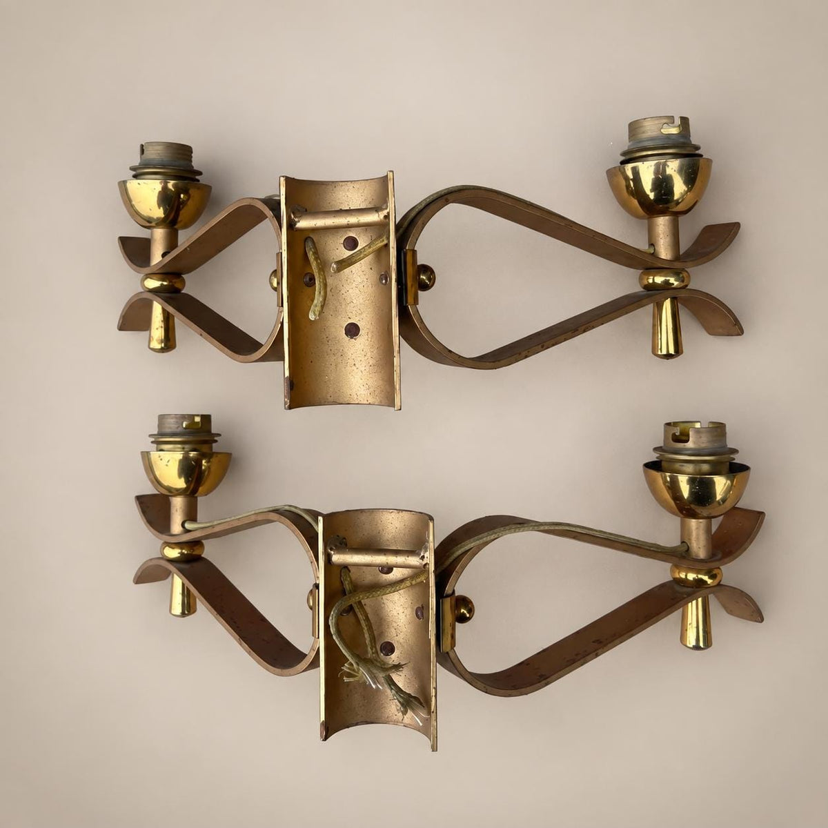 Pair of Gilt Brass Wall Sconces, Painted Metal Detail, French Design