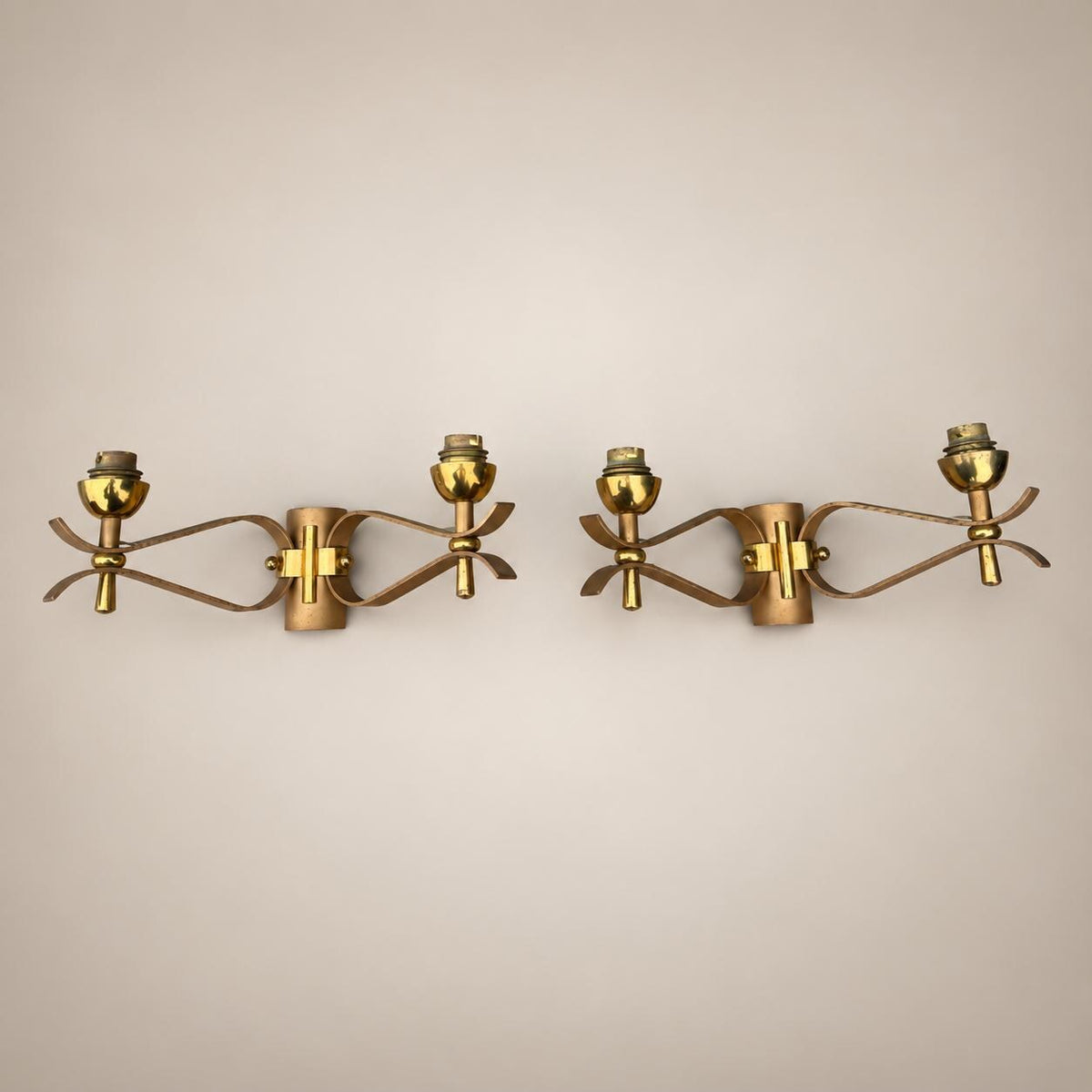 Pair of Gilt Brass Wall Sconces, Painted Metal Detail, French Design