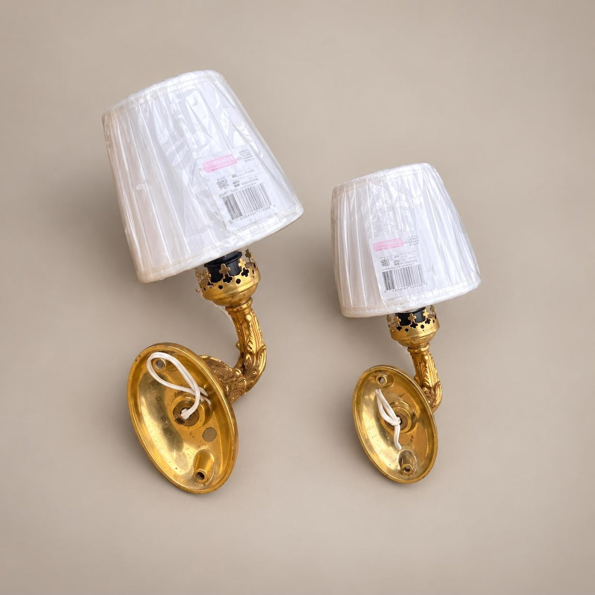 Pair of Gilt Brass Wall Sconces, Crown-Form Candle Cup, Pleated Fabric Shades