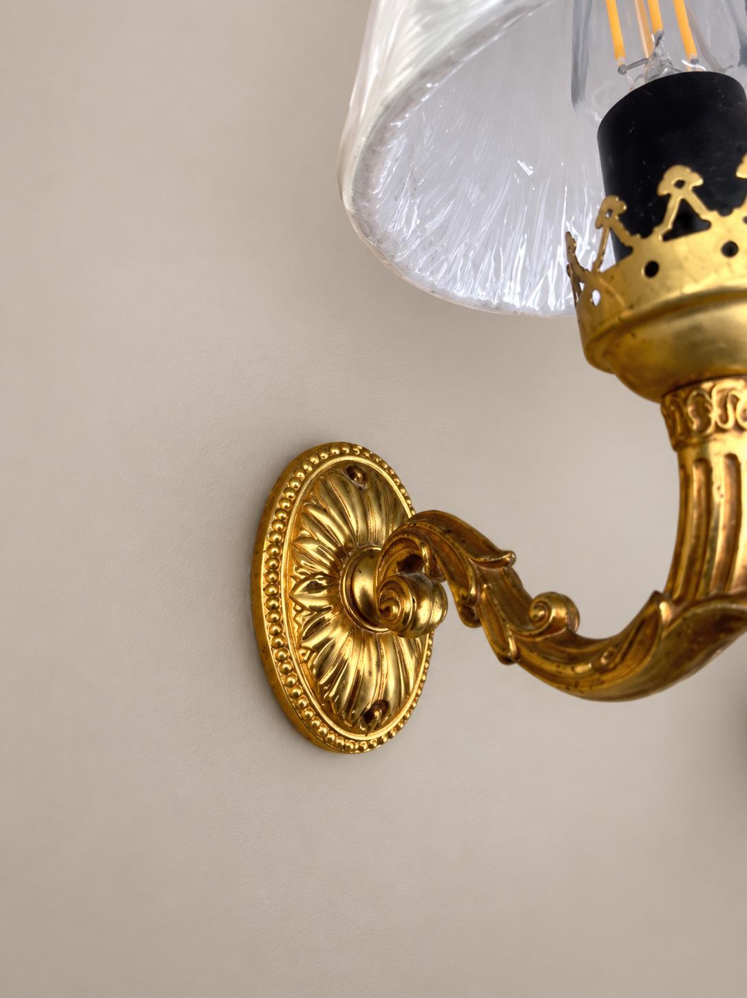 Pair of Gilt Brass Wall Sconces, Crown-Form Candle Cup, Pleated Fabric Shades
