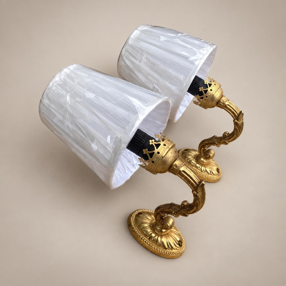 Pair of Gilt Brass Wall Sconces, Crown-Form Candle Cup, Pleated Fabric Shades