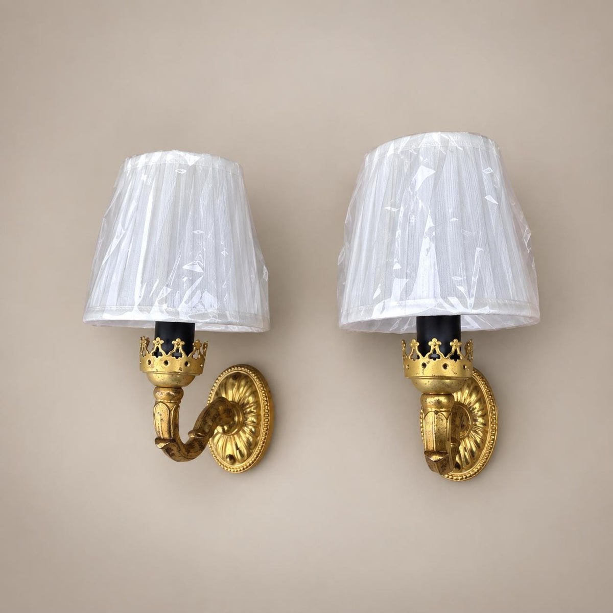 Pair of Gilt Brass Wall Sconces, Crown-Form Candle Cup, Pleated Fabric Shades