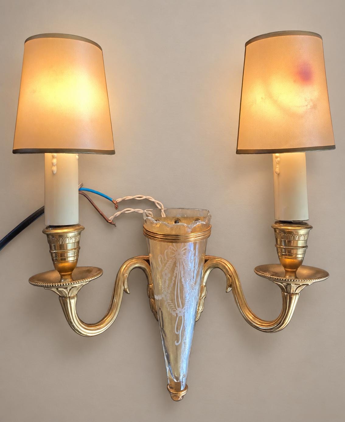 Pair of Gilt Metal Two-Arm Wall Sconces, Etched Glass Cornucopia Vase, Louis XVI Style