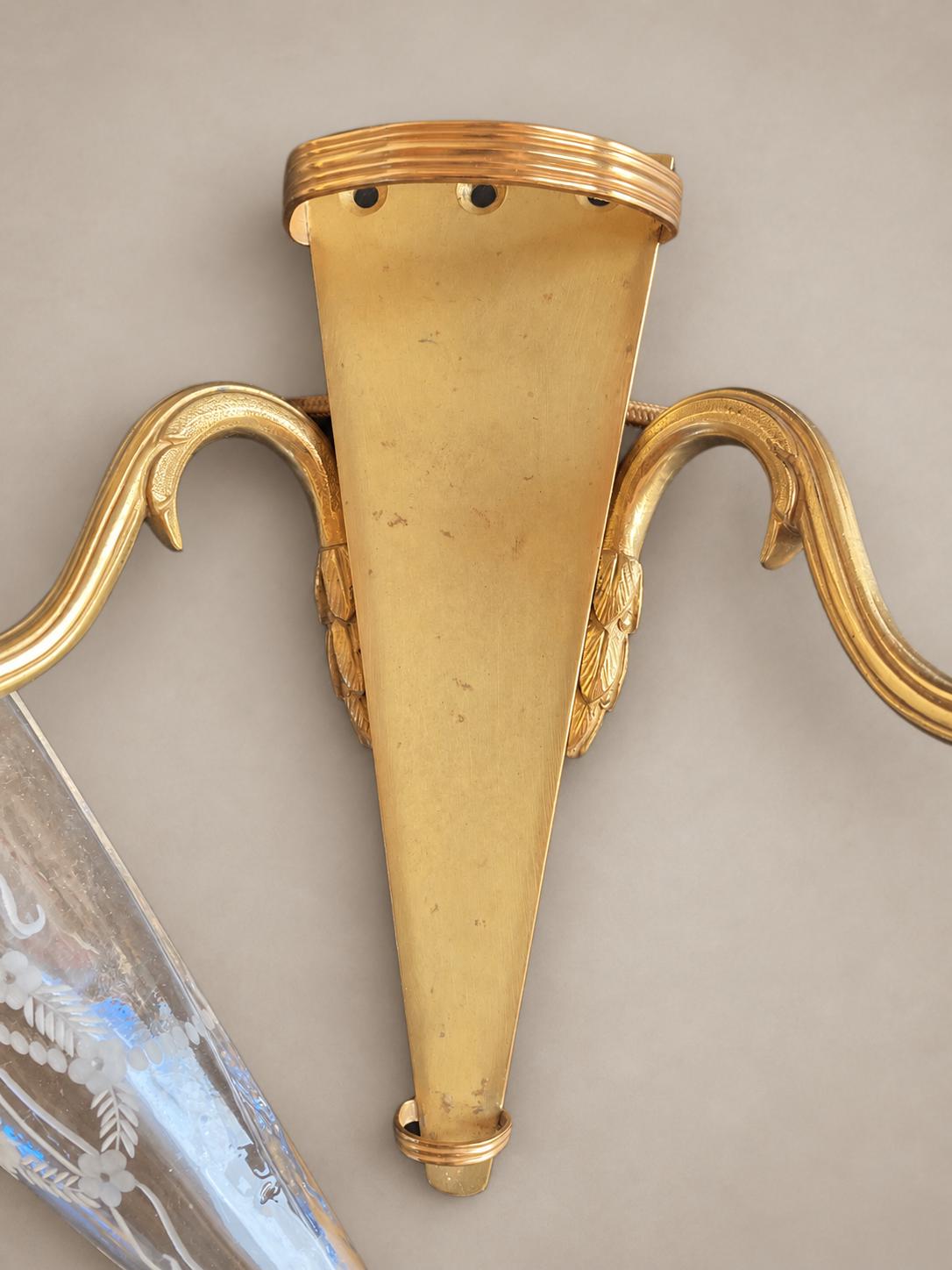 Pair of Gilt Metal Two-Arm Wall Sconces, Etched Glass Cornucopia Vase, Louis XVI Style