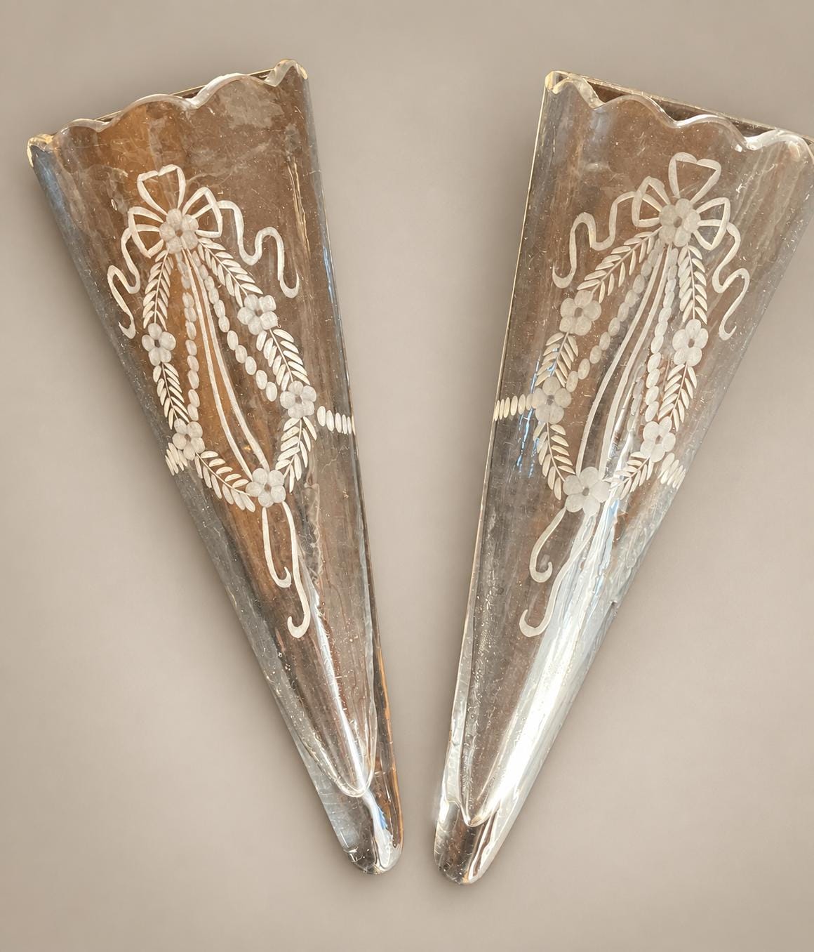 Pair of Gilt Metal Two-Arm Wall Sconces, Etched Glass Cornucopia Vase, Louis XVI Style