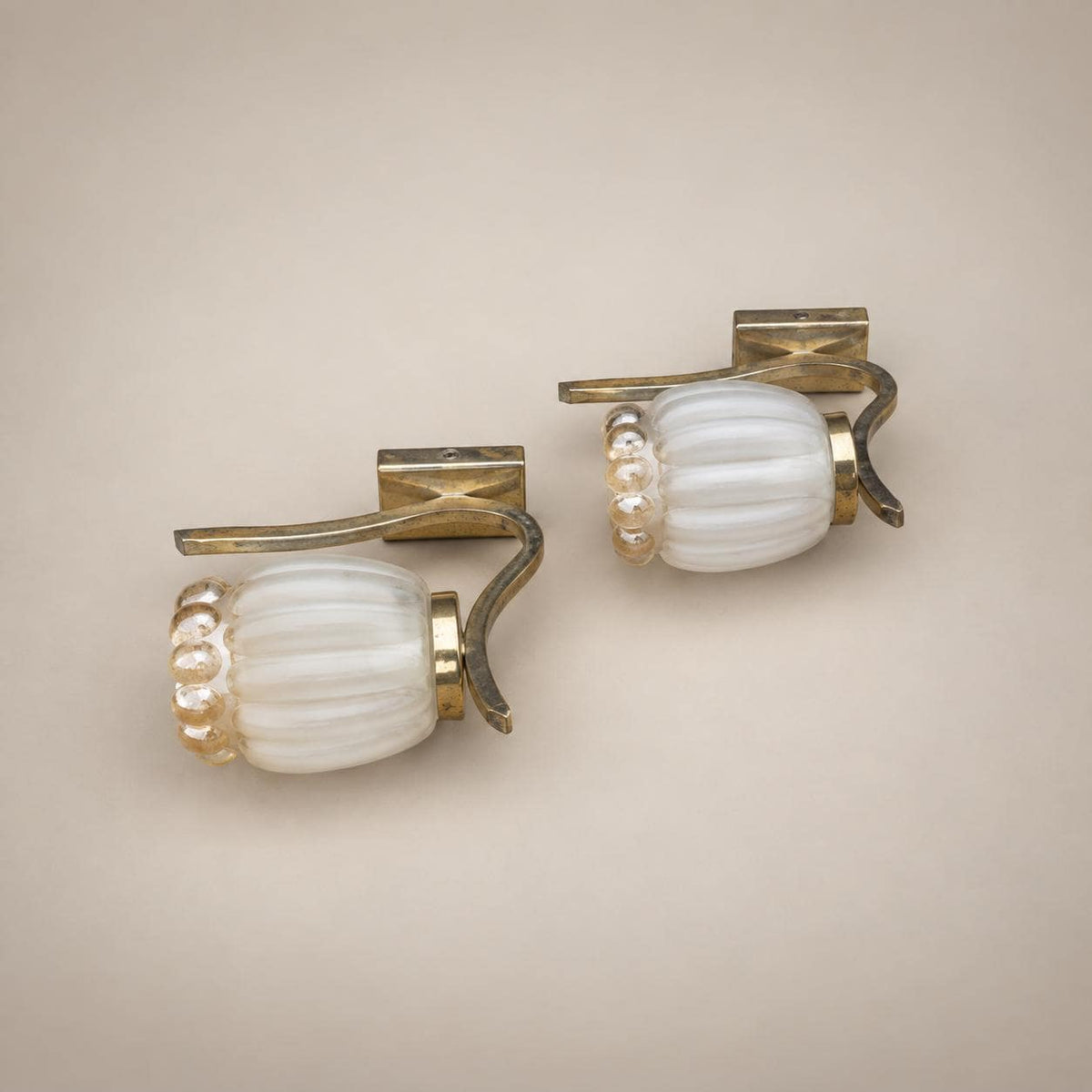 Pair of Gilt Metal Wall Lamps, Scrolled Arm, Frosted Ribbed Glass Shades