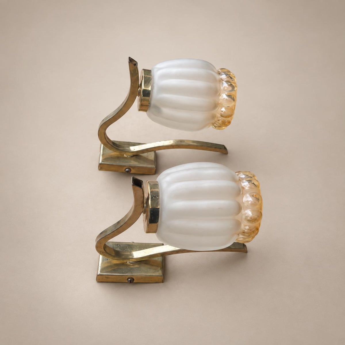 Pair of Gilt Metal Wall Lamps, Scrolled Arm, Frosted Ribbed Glass Shades