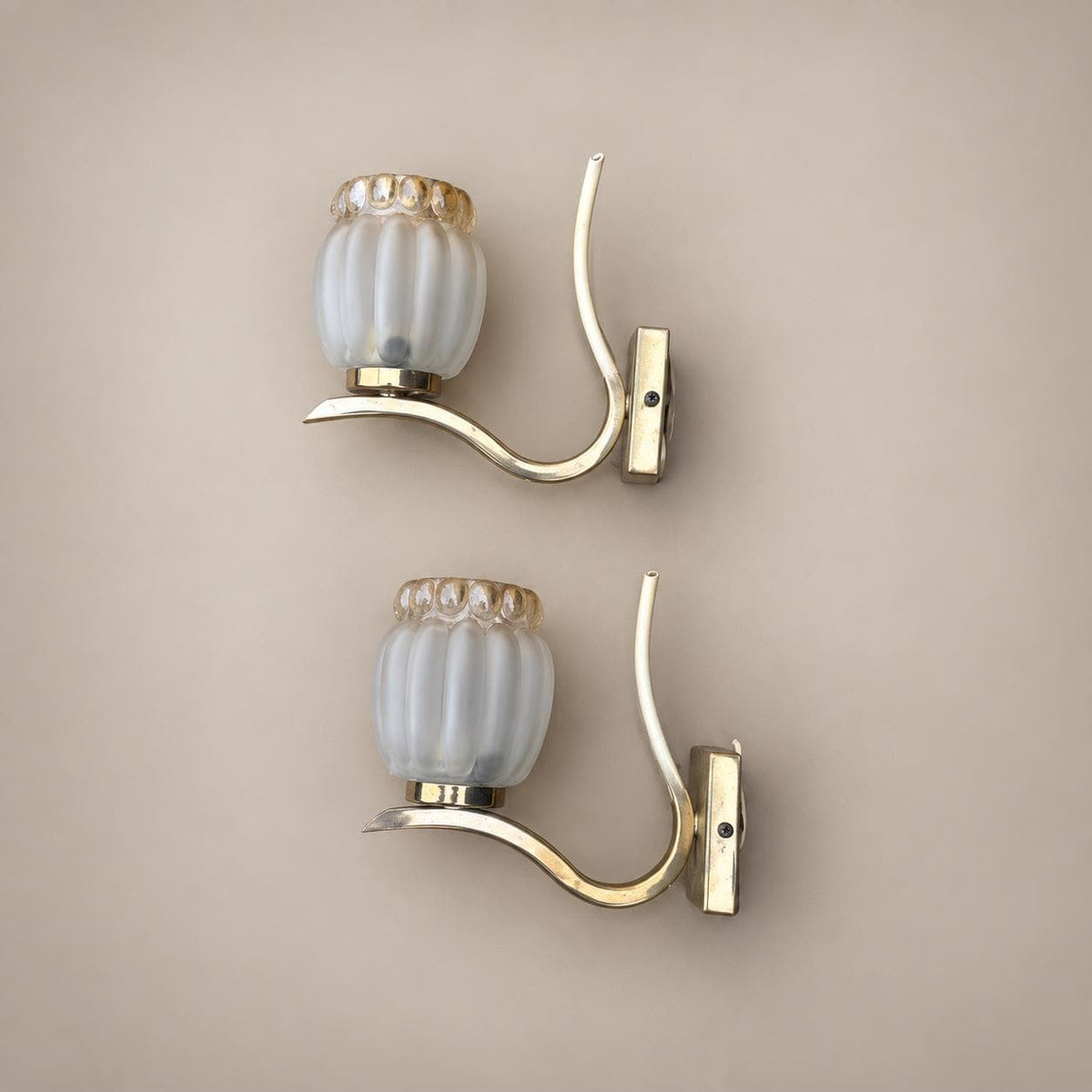 Pair of Gilt Metal Wall Lamps, Scrolled Arm, Frosted Ribbed Glass Shades