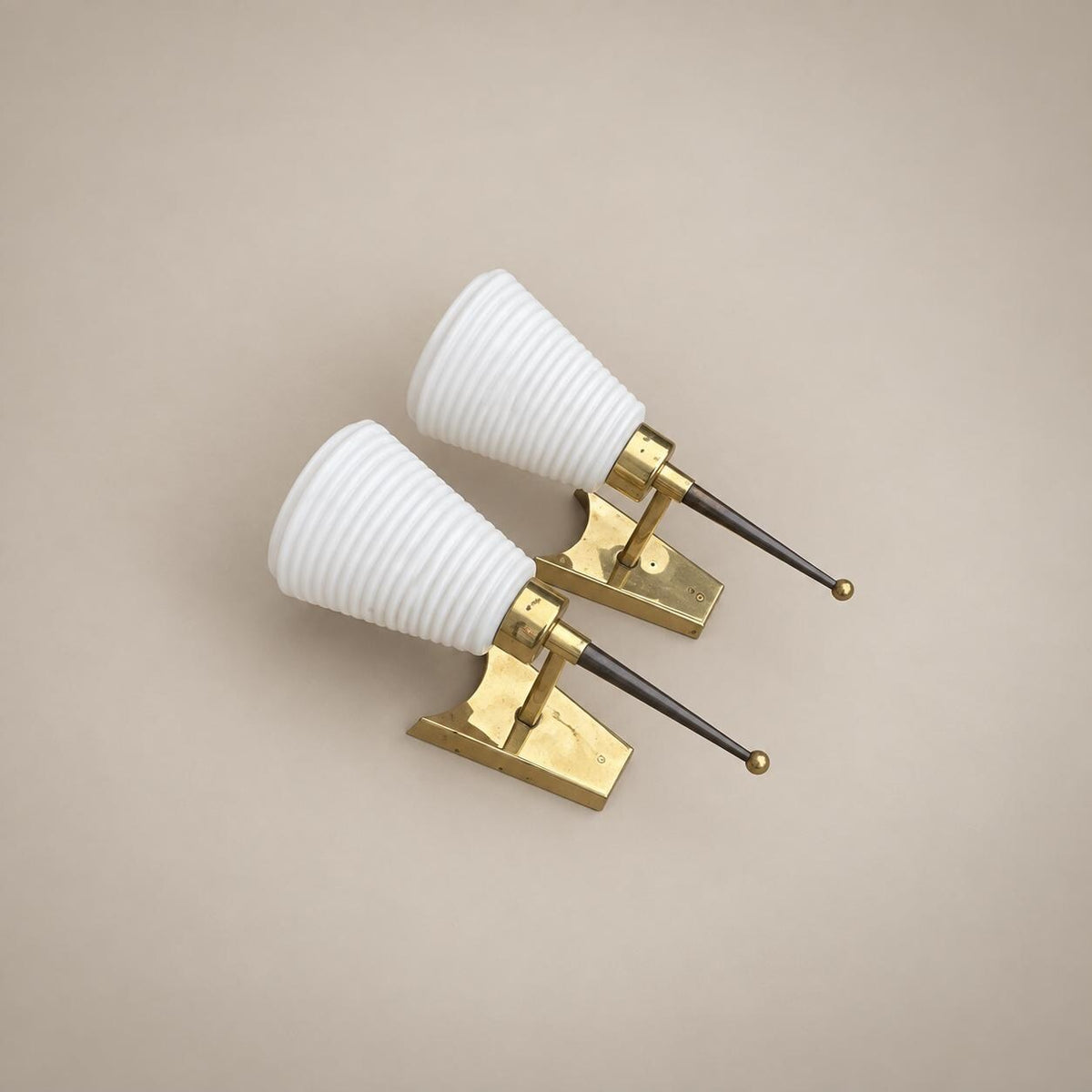 Pair of Gilt Brass Wall Lamps, Conical Ribbed Glass Shades, French Design