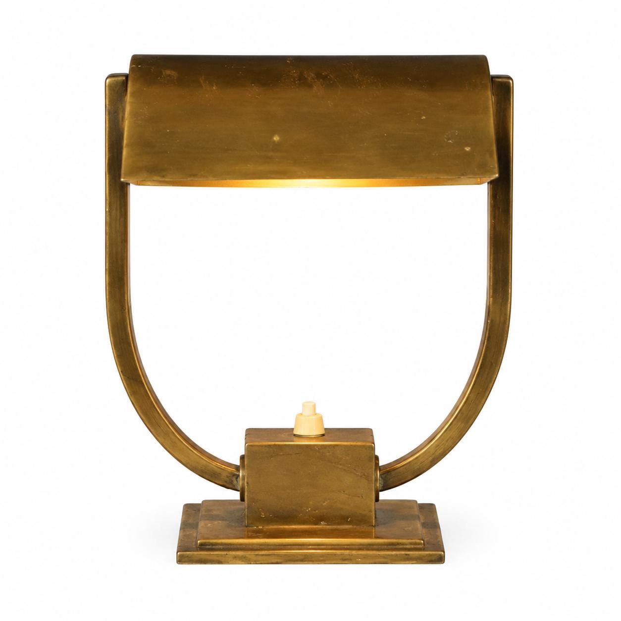 Art Deco Style Desk Lamp, Heavy Brass Bankers Lamp with U Form Arm, Adjustable Shade — 1930s Attribution
