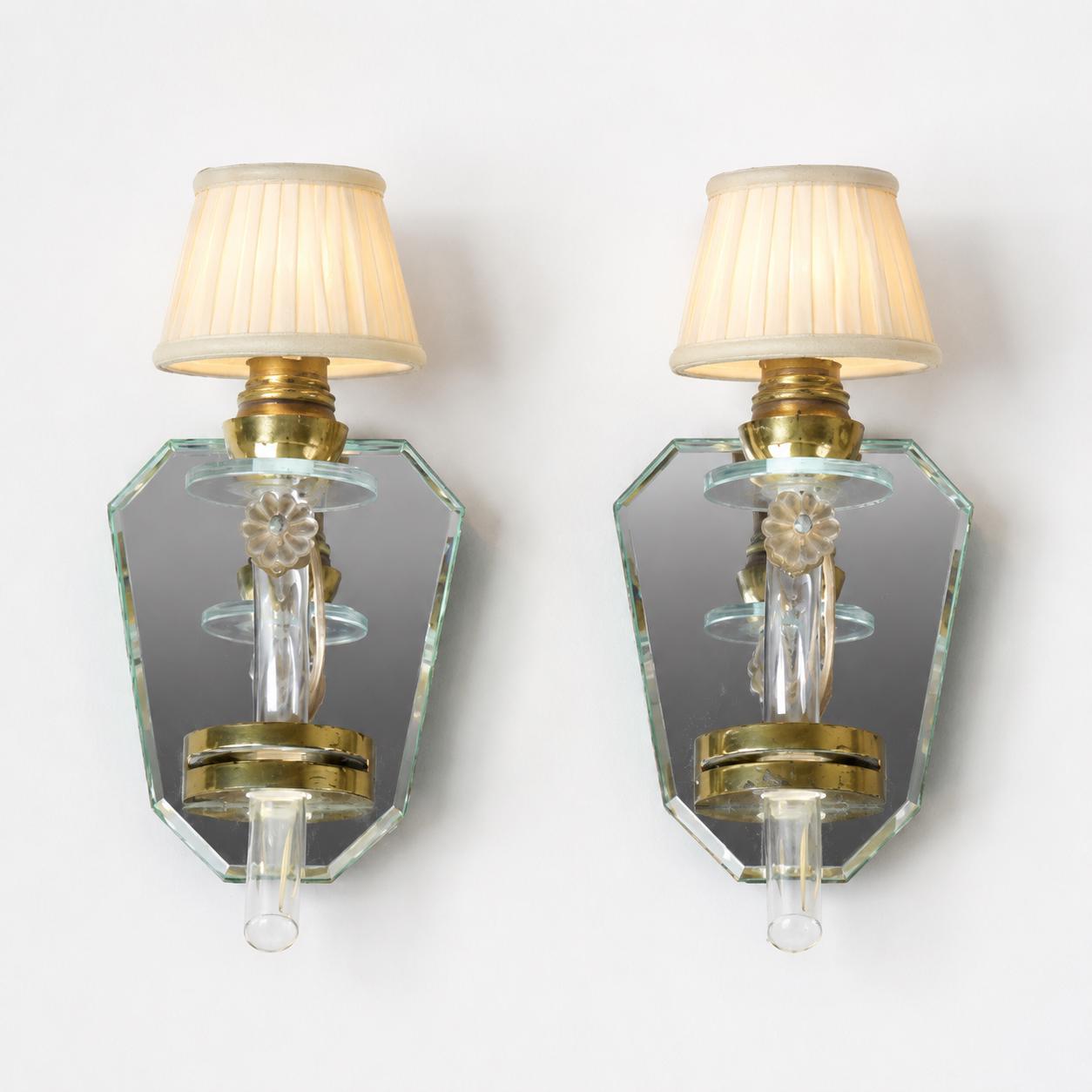 Mirror Wall Sconces Pair, Art Deco Style Mirrored Sconces with Glass Arms — French, 1940s