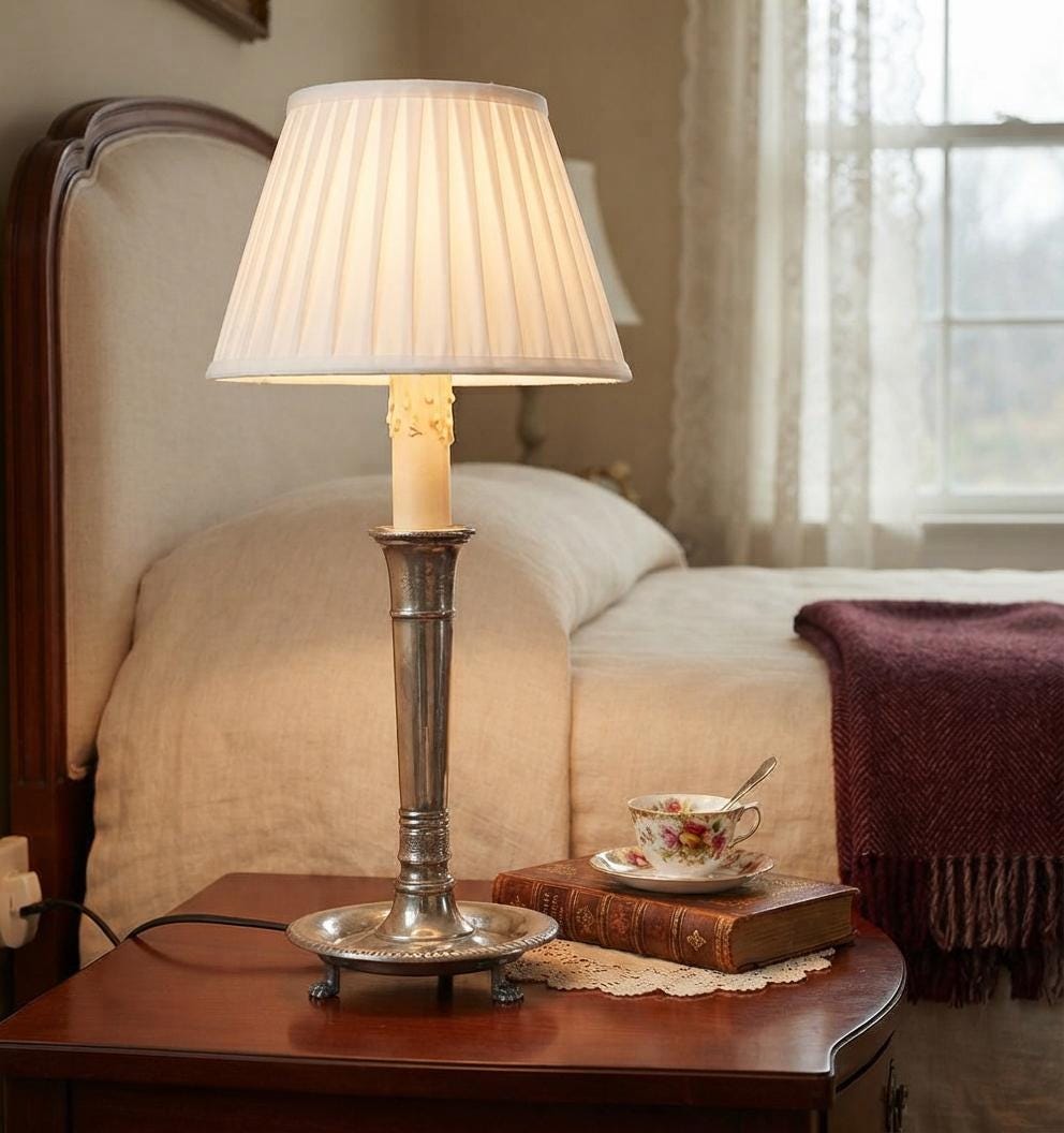 French Vintage Neoclassical Silver on Bronze Table Lamp with Pleated Shade